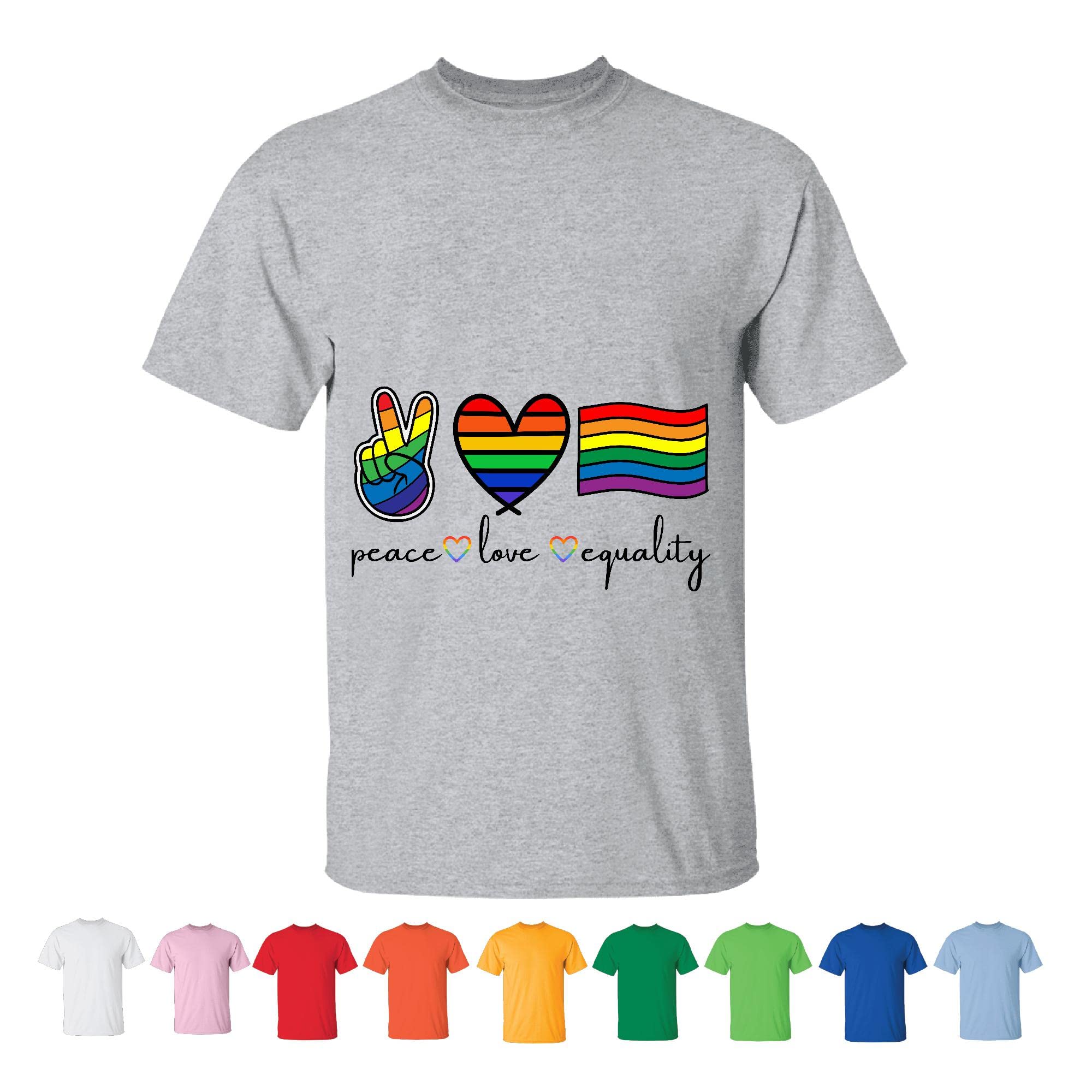Peace Love Equality Rainbow Flag Gay Pride Month support LGBT Community Men Women White Gray T shirt