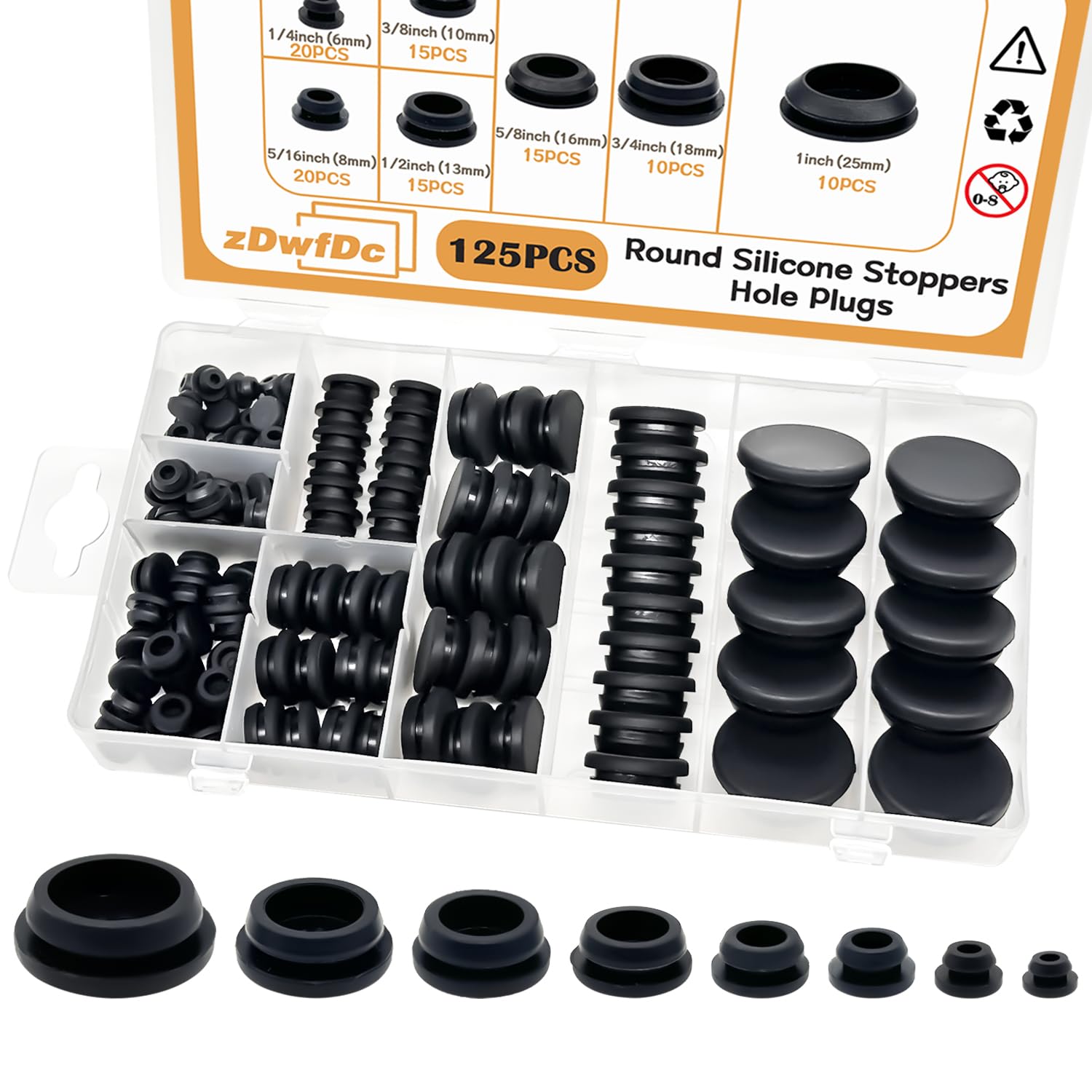 125PCS 8 Sizes Black Rubber Plugs for Round Holes Silicone Plugs, 1" 3/4" 5/8" 1/2" 3/8" 5/16" 1/4" 1/5" Round Hole Plug Snap Locking, Used for Furniture DD028-b