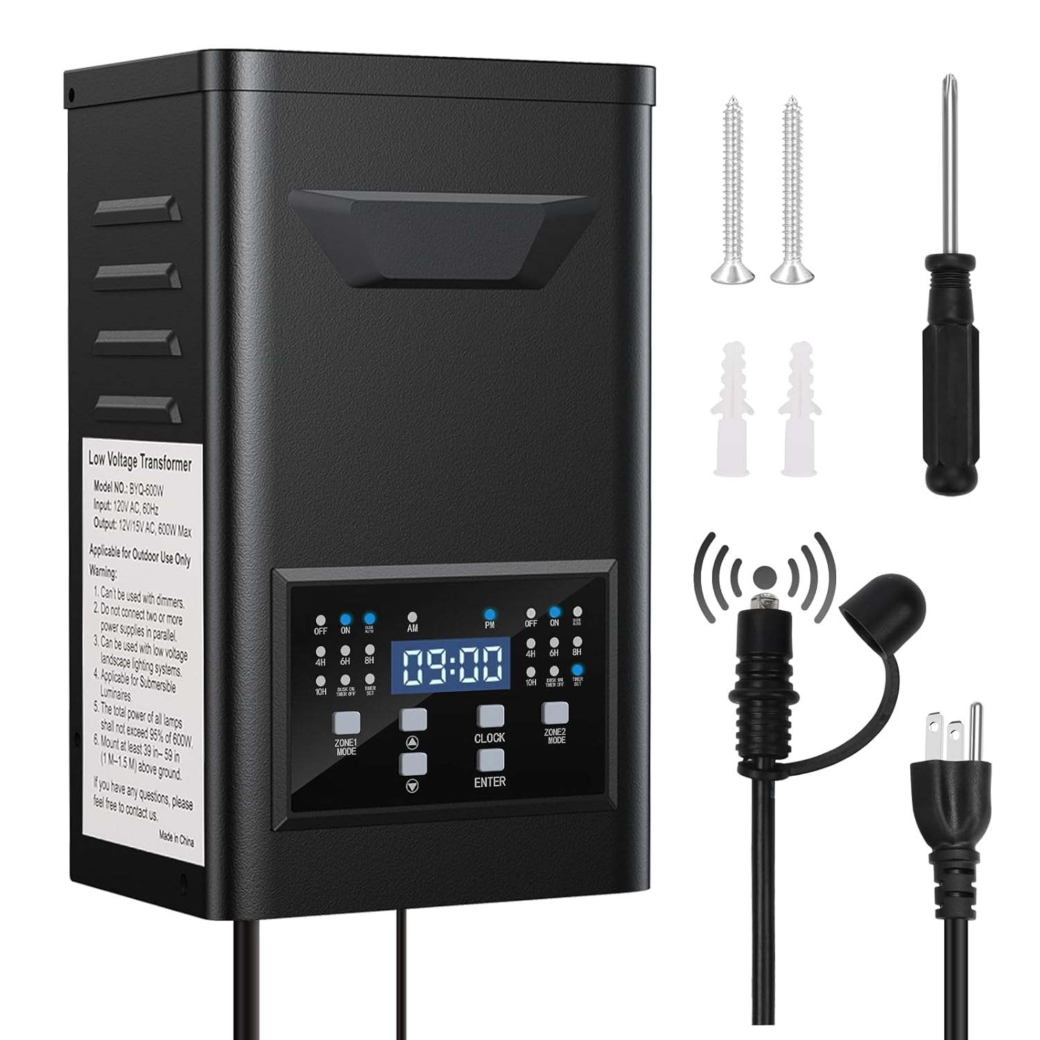 600W Low Voltage Landscape Transformer with 2 Zones, Timer & Photocell for Landscape Lighting, 120V to 12V/15VAC, Stainless Steel, Weatherproof for Outdoor Landscape Lights,Yard, Garden