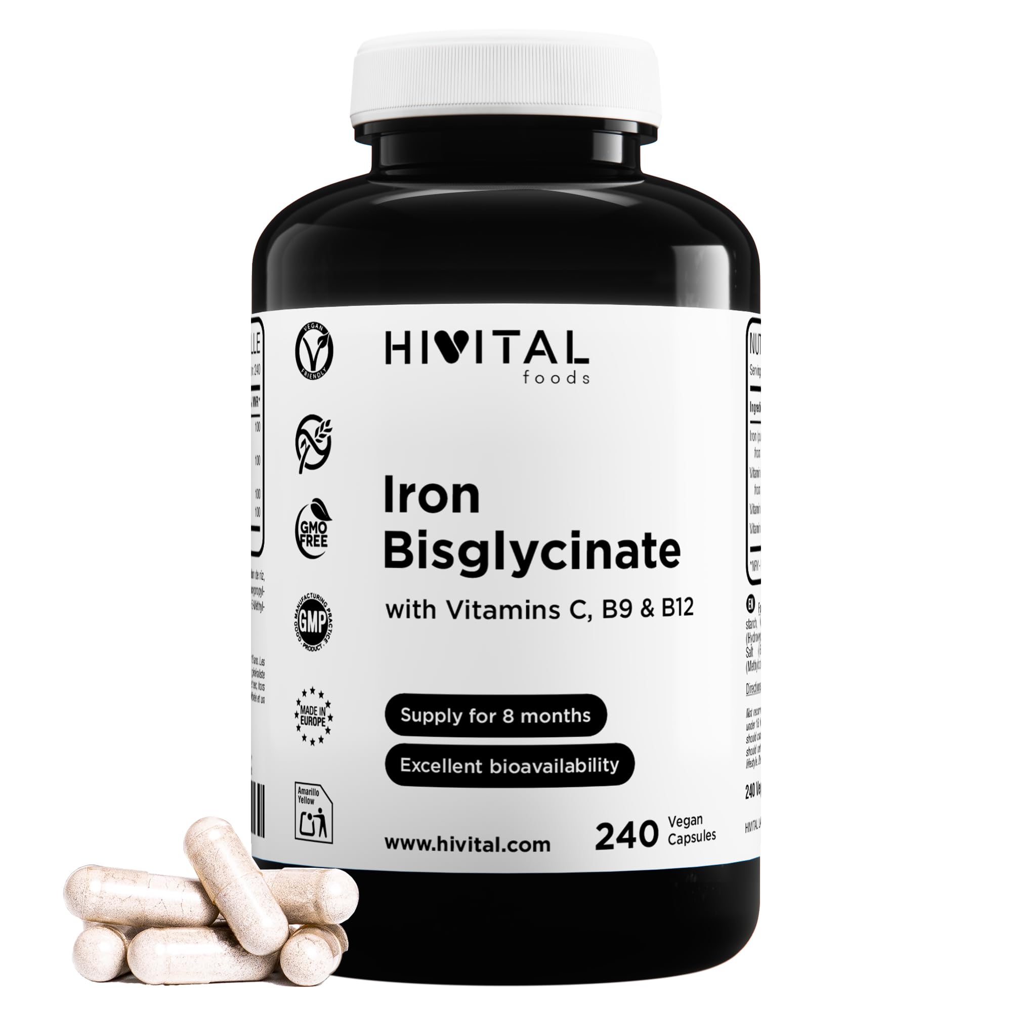 Hierro 14 mg. 240 cápsulas veganas para 8 meses de tratamiento. Bisglicinato de Hierro puro vegetal con Vitamina C, Ácido Fólico y Vitamina B12. Fabricado en España por HIVITAL