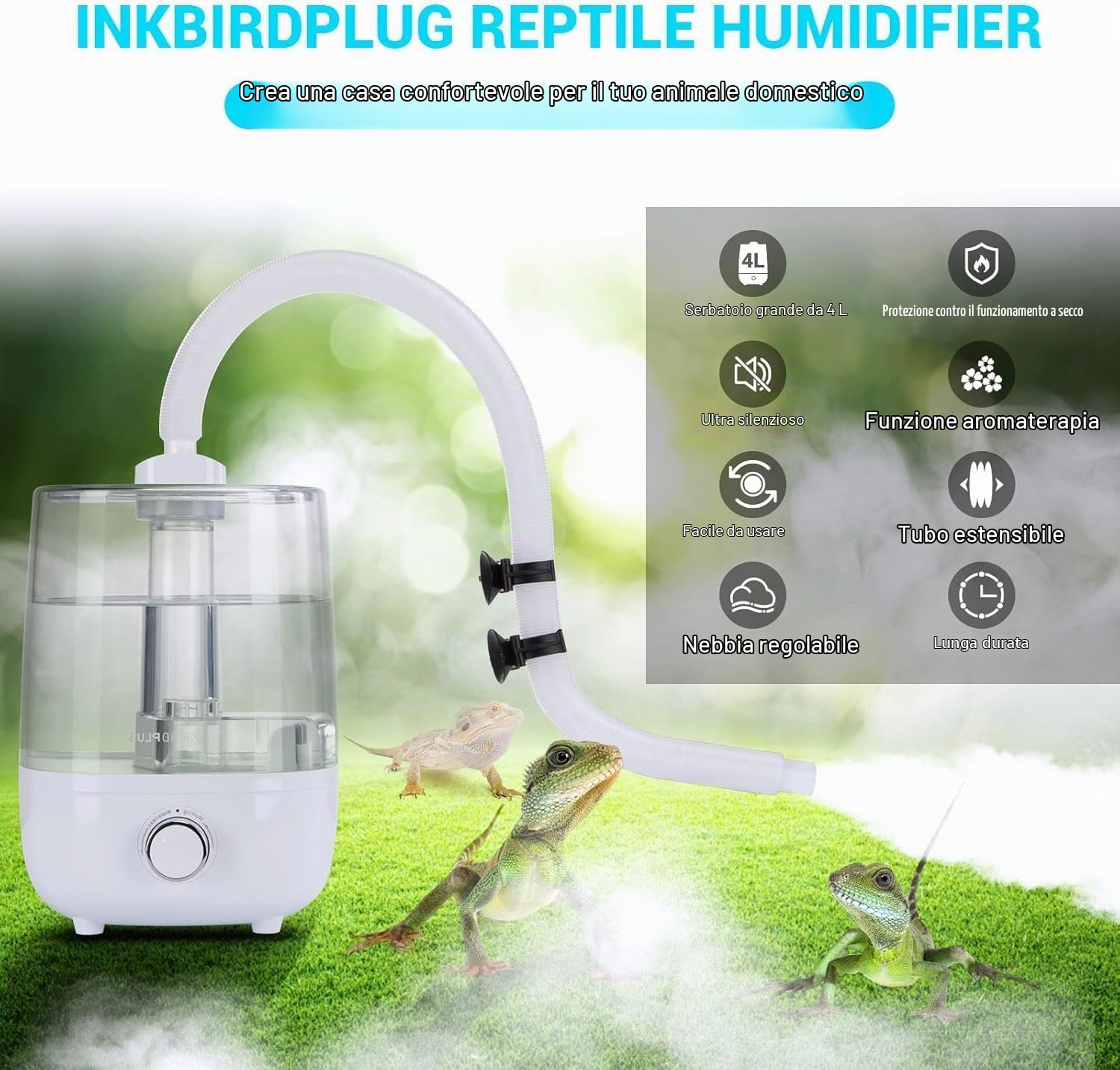 INKBIRDPLUS Umidificatore per Rettili, Nebulizzatore per Terrario con Serbatoio Grande da 4 Litri, Mister Ultra Silenzioso con Protezione Control Funzionamento a Secco, Ideale per Rettili, Anfibi