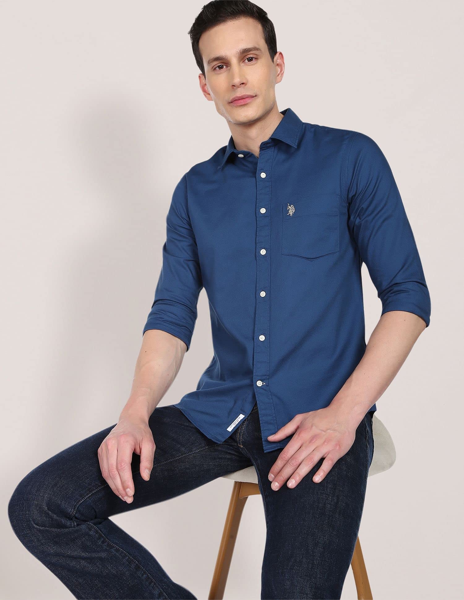 U.S. POLO ASSN. Cotton Men's Solid Regular Fit Shirts (USSHTFX0002_Blue XL) - Image 2 thumbnail