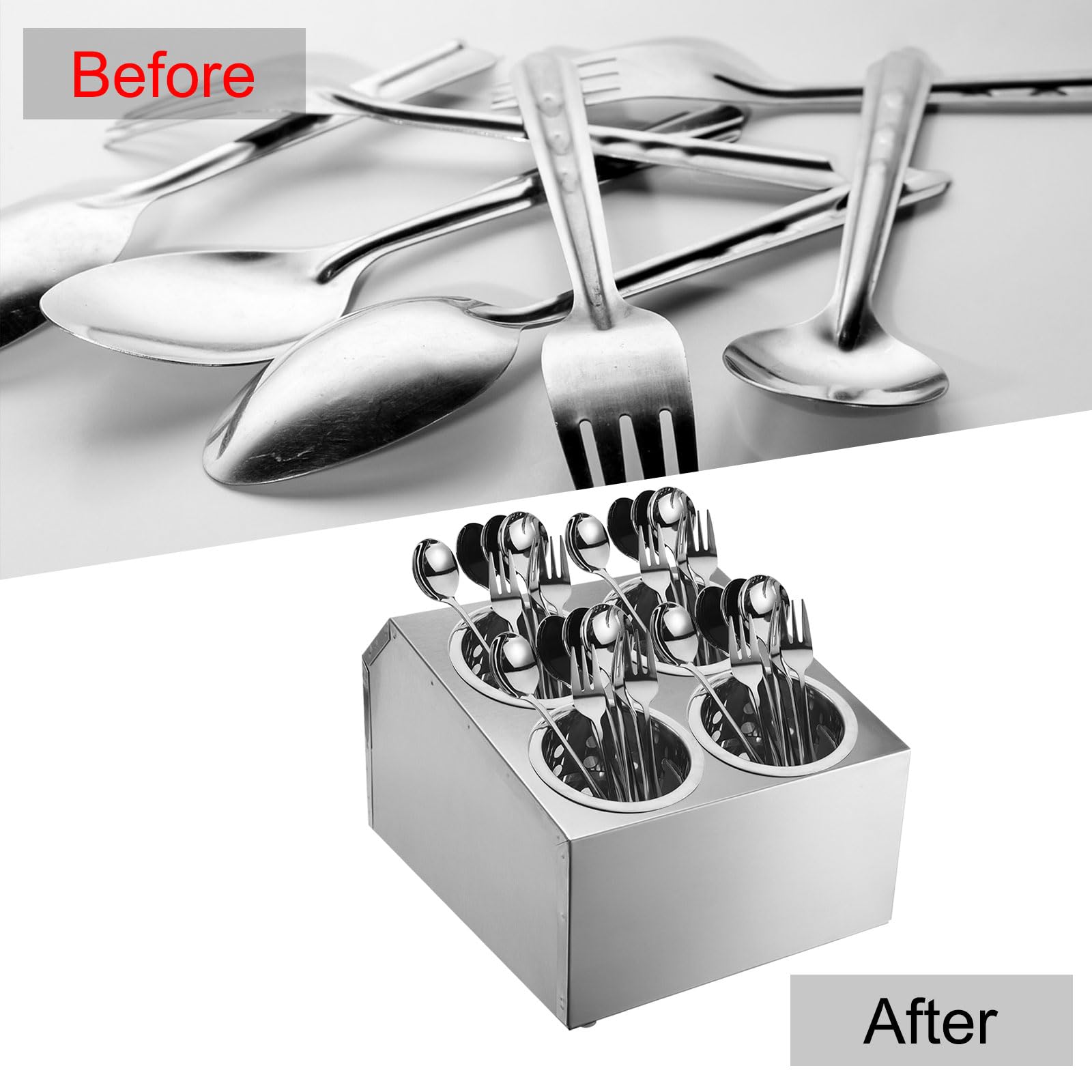 QUARKZMAN Porta Utensili Commerciali, Porta Utensili Cucina Acciaio Inox Cilindrico Portaposate Asciugatura Controsoffitto Organizzatore Posate per Ristoranti Buffet (Doppia File 4 Fori)