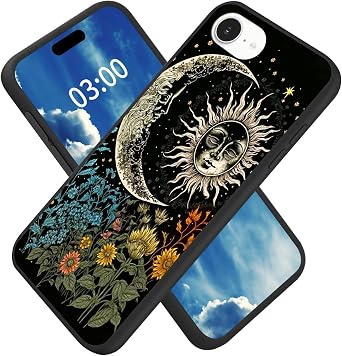for iPhone 17E/16E Case 2025/2026 with Sun and Moon Flowers Sunflower Pattern Design Ultra-Thin Black Soft TPU Silicone Shock Proof Protective Phone Case for iPhone 17E/16E 6.1 inch