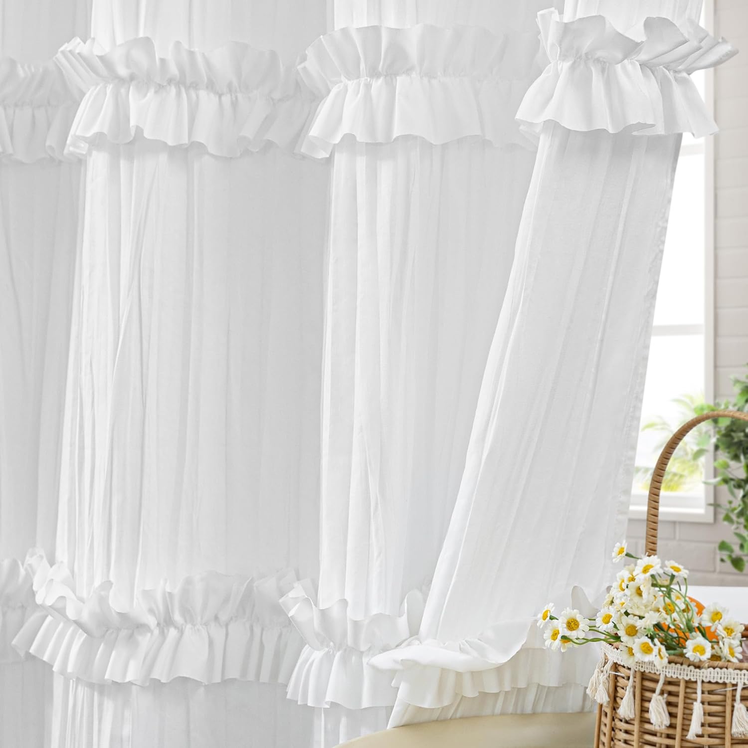 ROSERY No Hook Ruffle Shower Curtain with Snap in Fabric Liner Set, Ruched Vintage Farmhouse Shower Curtain for Bathroom with See Through Window, Ruffle Pattern, 71" W x 74" L
