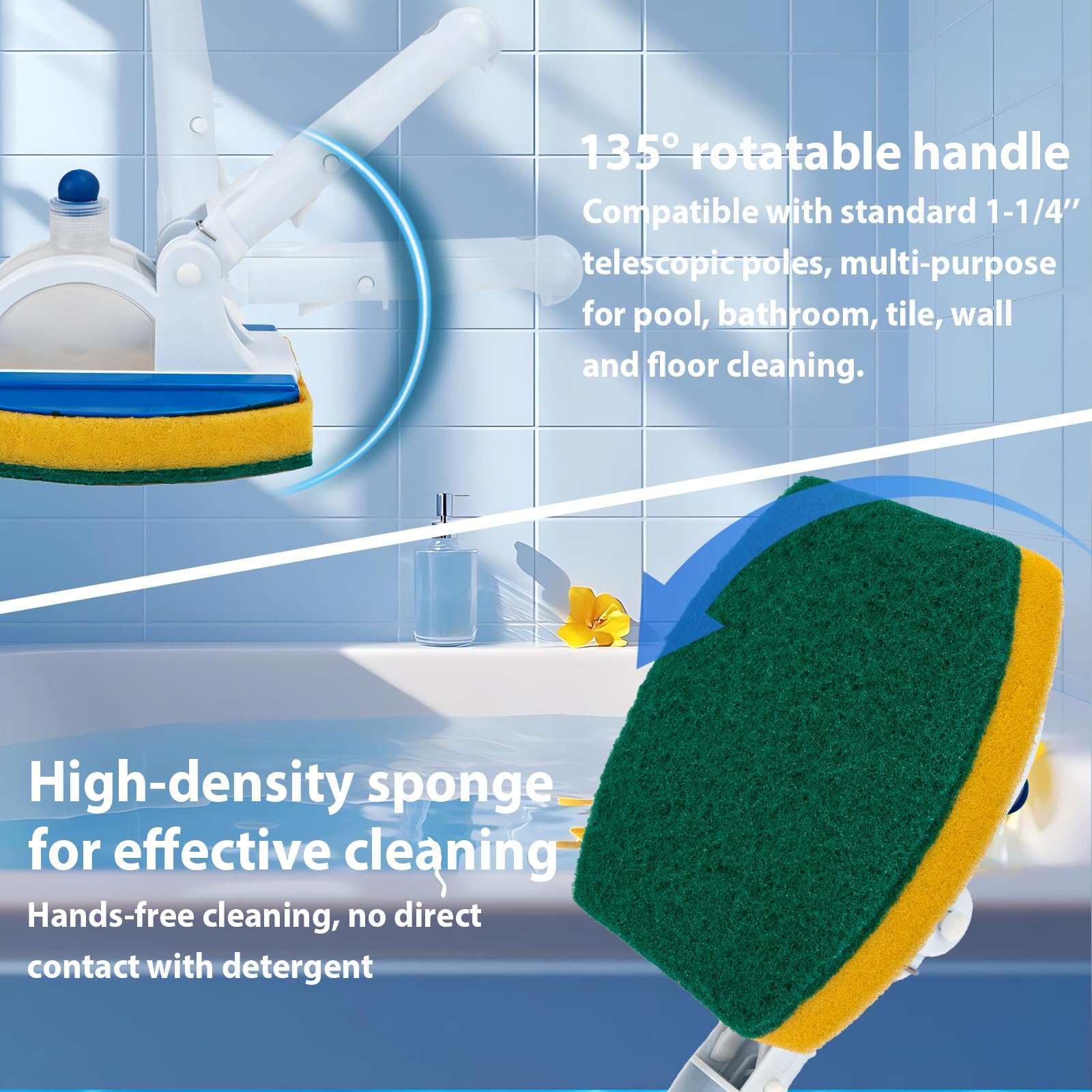 KGC Handheld Pool Scrub Brush with a Replacement Sponge, Pool Must Have Scouring Sponge Pad - Non-Scratch Cleaner for Pool Tile Grout, Vinyl Liners, Spas, Hot Tubs, Kitchen & Bathroom Tub Shower - 3