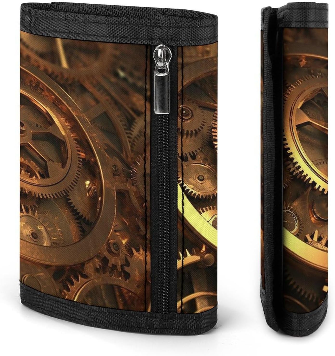 Trifold Canvas Wallet with Keychain, Modern Fashion Credit Card Holder Wallet for Men Women, Cool Steampunk Gears Slim Wallets W/Zipper Coin Pocket, Novelty Birthday Gift