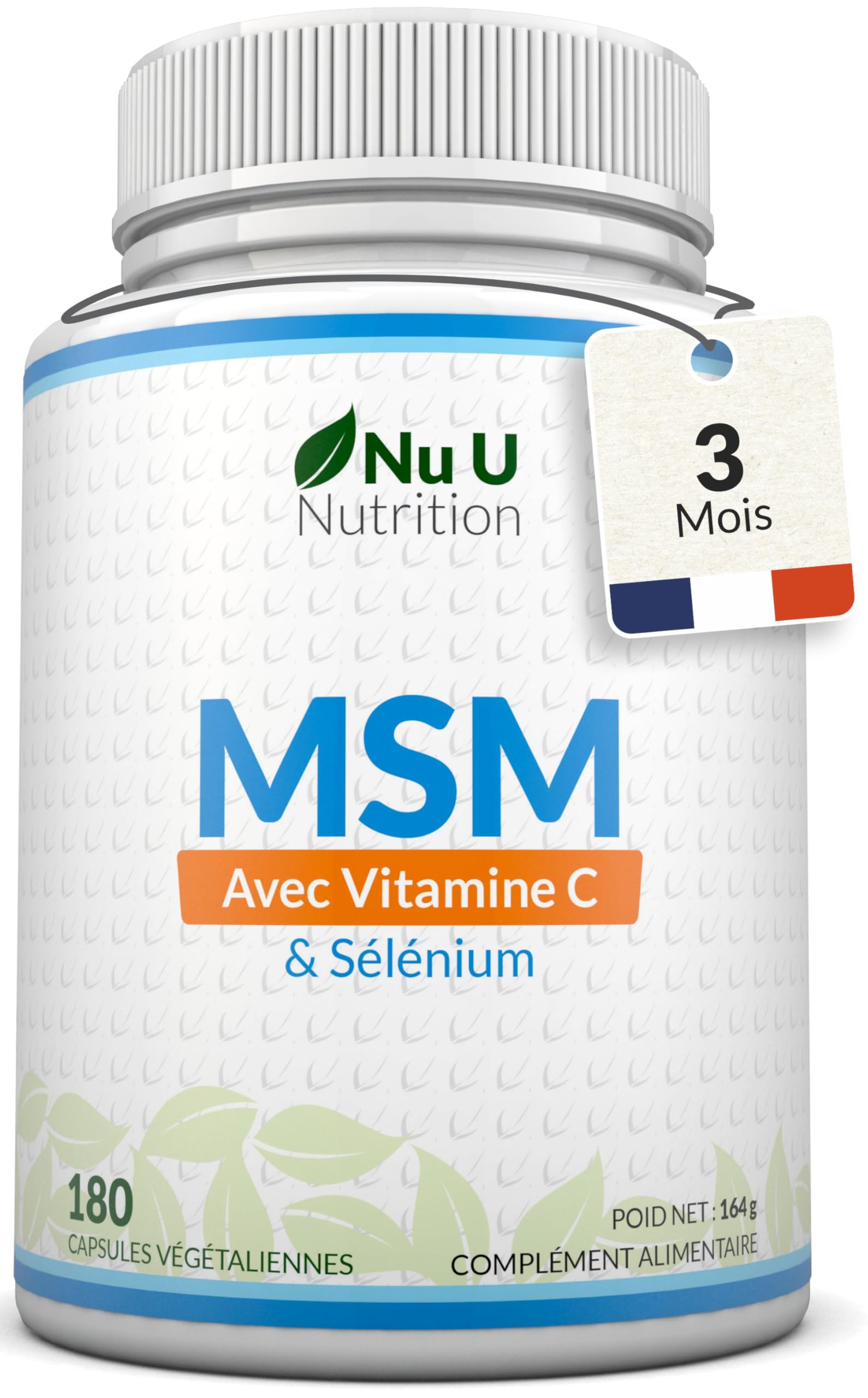 MSM avec Vitamine C et Sélénium - 180 Gélules Vegan - Méthylsulfonilméthane Haute Puissance - Fabriqué en Europe - Nu U Nutrition