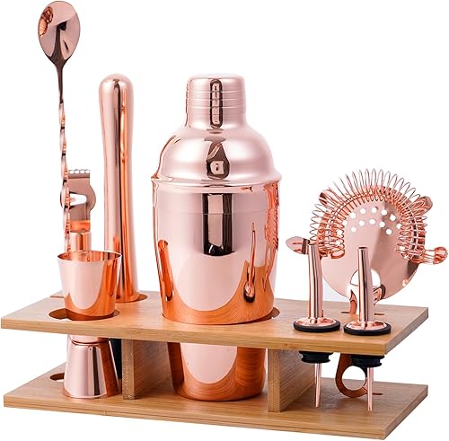 Hinouqea Juego de coctelera con soporte, kit de camarero mixología para mezclar bebidas, juego de herramientas de bar de 9 piezas con soporte,