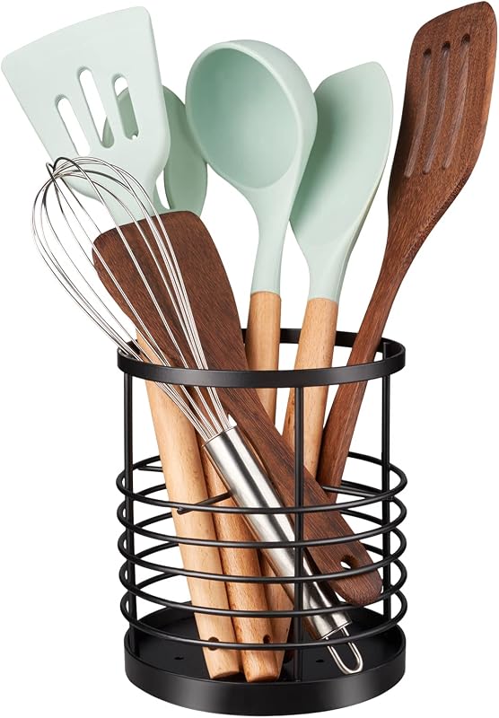 Utensil Holder for Kitchen Countertop,Metal Spatula Holder,Cooking Utensil Holder for Spoon,Wire Utensil Organizer,Stainless Steel Round Utensil Caddy Crock Flatware Storage Counter (Black)