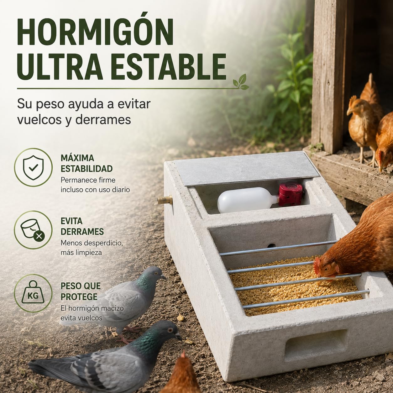 Comedero y Bebedero para Aves de Hormigón | Anti Vuelcos y Derrames | Exterior Resistente | para Gallinas, Palomas y Aves | Vegara Stone 40x25 cm