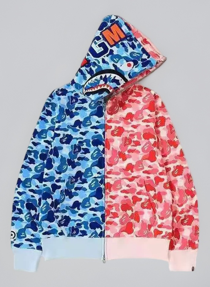 Men's Shark Mouth Fashion Hooded Sweatshirt Zipper Long Sleeve Hip Hop Street Wear Style Hinges Camouflage