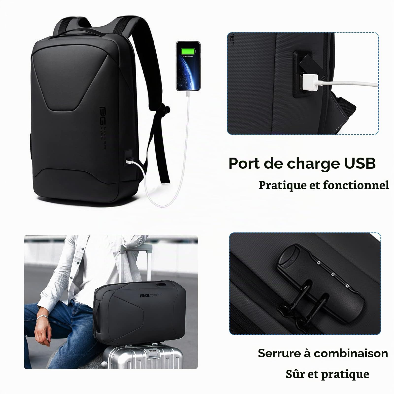 FANDARE Antivol Sac à Dos Ordinateur Portable 15.6 Pouces Homme Femme Sac a Dos avec USB Sac à Dos d'affaires Imperméable Sac à Dos de Voyage d'affaires Scolaire Sac d'école Noir