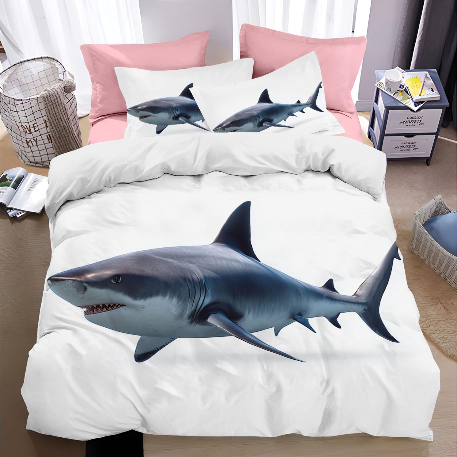 Housse de couette 220x240 animal sauvage requin blanc avec taies 65x65