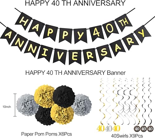 Miniatura 2 de Kit de decoración para el 40 aniversario 16 piezas 1 pancarta feliz, 9 brillantes 40 espirales colgantes, 6 pompones Suministros para fiestas de