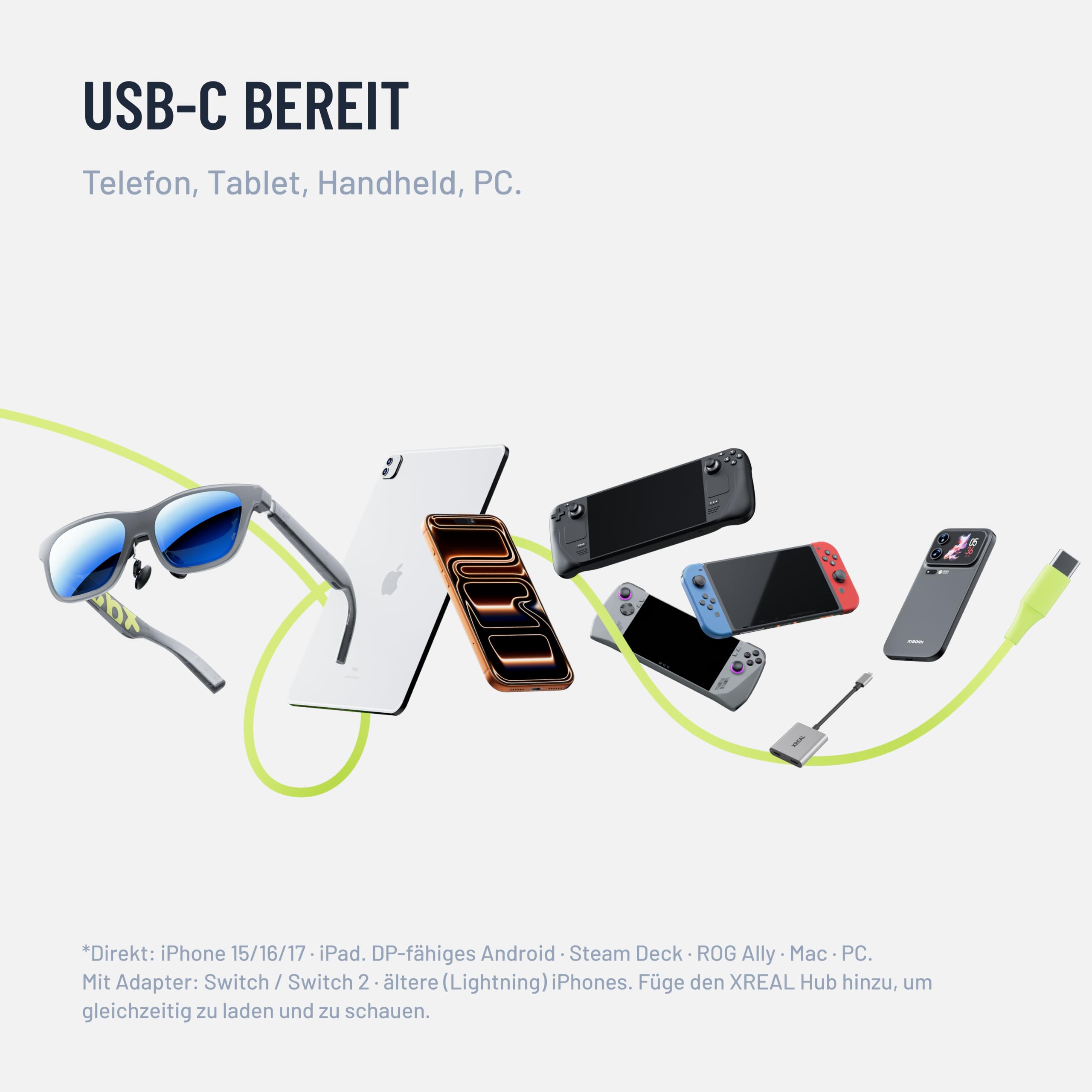 XREAL xbx a01+ AR Brille, 62g Ultraleicht, 147” Tragbarer Großbildschirm für Filme & Gaming, 1600 Nit Helligkeit, HDR10 Display, USB-C DP für iPhone, iPad, Android, Steam Deck, ROG & PC