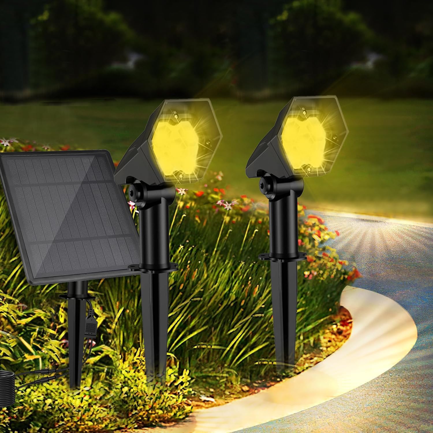 GIGALUMI GL-193 10 LED Solar Dual Spotlight IP65 Waterproof Outdoor Smart Spot Lights with 6V Panel 1800mAh Battery for Driveway Pathway Garden (2 Pcs, Warm White)-image-9