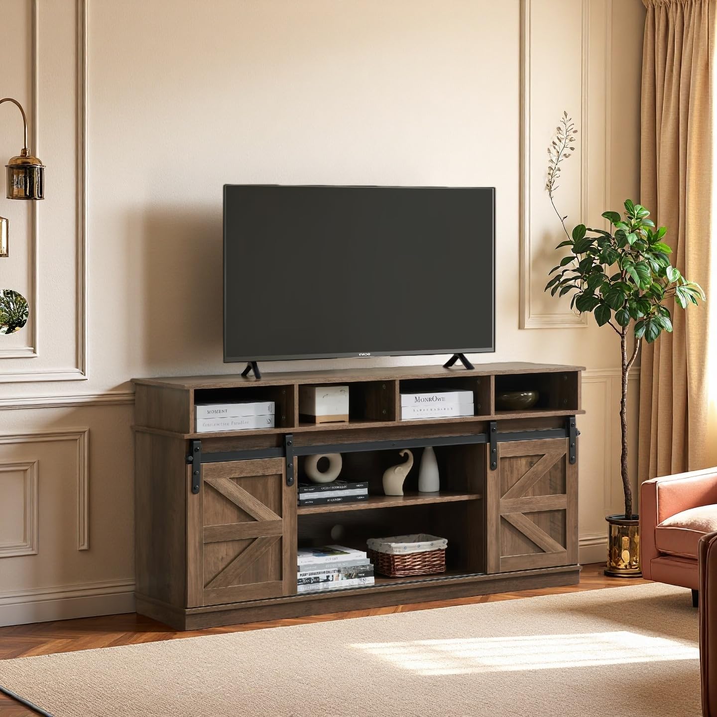 Farmhouse TV Stand for up to 65" TV, Entertainment Center with Storage Cabinets & Sliding Barn Doors, Rustic TV Stand Mid Century Modern for Living Room Bedroom Office Furniture, Brown