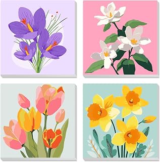 MXJSUA 4 Pack Tulips Flowers Framed Paint by Numbers Kit with Canvas for Adults Beginner, DIY Acrylic Oil Painting Kits with Brushes for Home Wall Decor Gift (8x8 inch)
