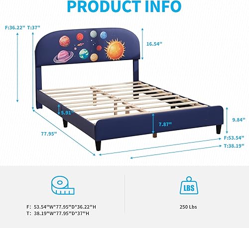 Miniatura 2 de Mjkone Marcos de cama de tamaño matrimonial para niños, plataforma tapizada de piel sintética con soporte de listones, no necesita somier, cama de