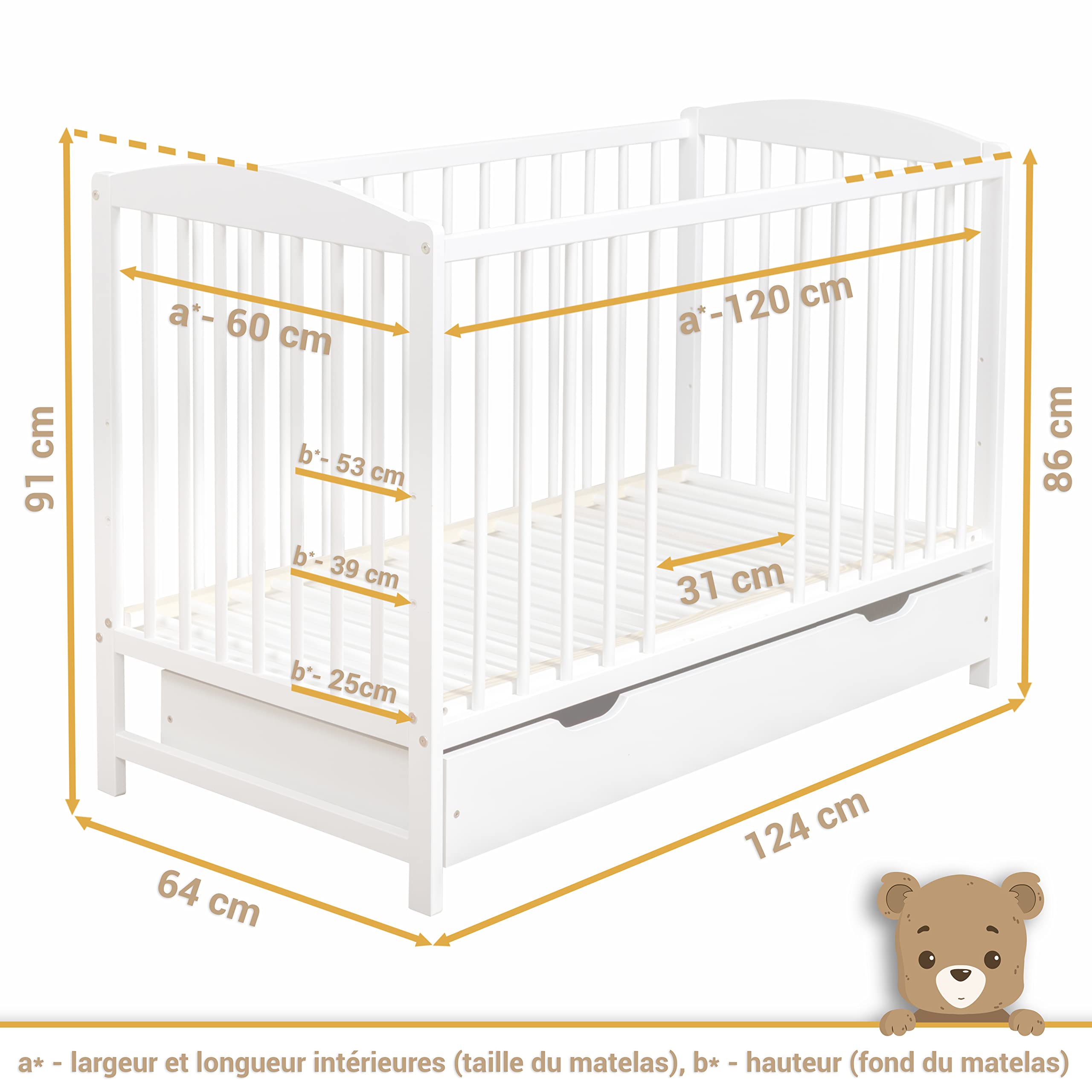 Lit Bébé 60x120 cm avec Tiroir – Lit en Bois Réglable en Hauteur, Transformable en Lit Enfant Blanc