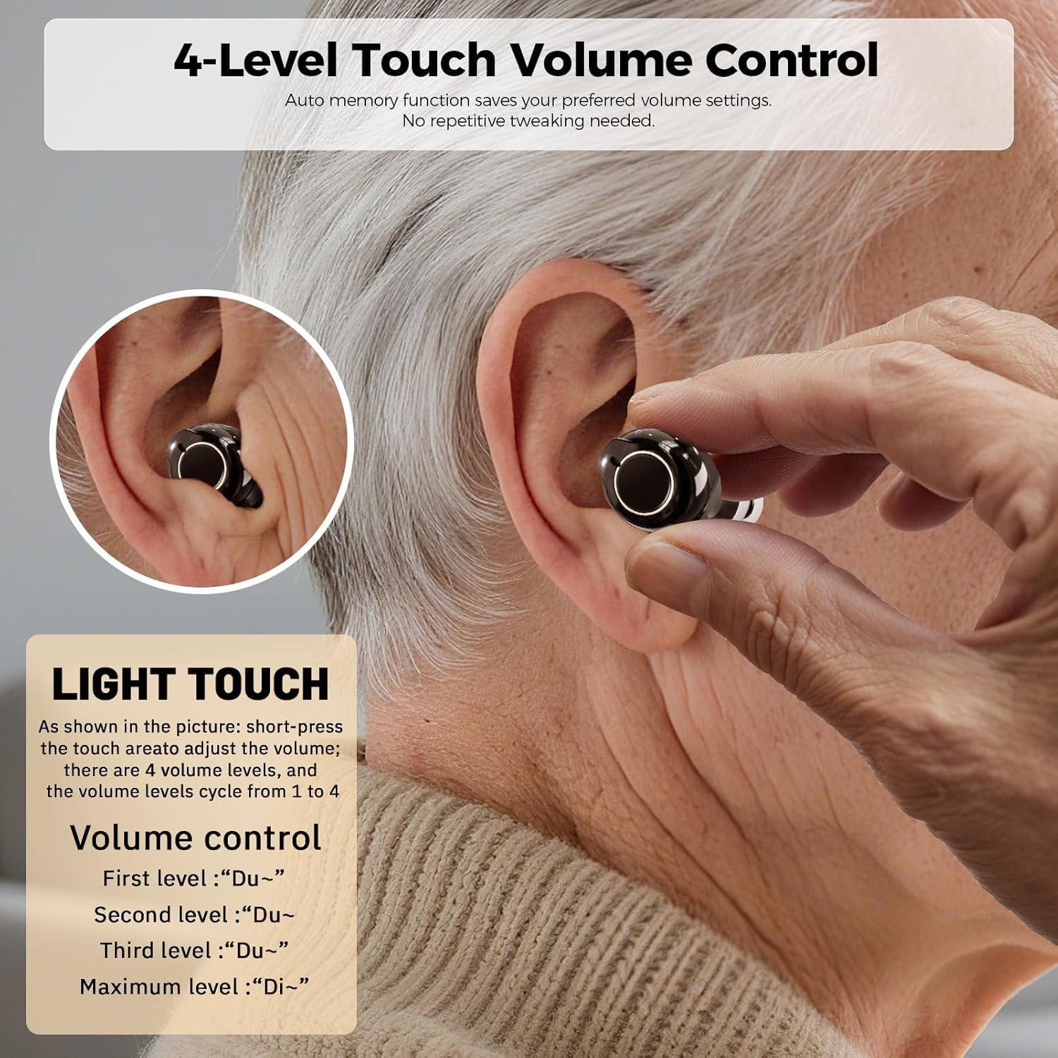 OTC Rechargeable Hearing Aids for Seniors| 30H Playtime, 3 Modes (Meeting/Sport/Outdoor) | 6 Silicone Ear Tips, LCD Display, Cleaning Brush
