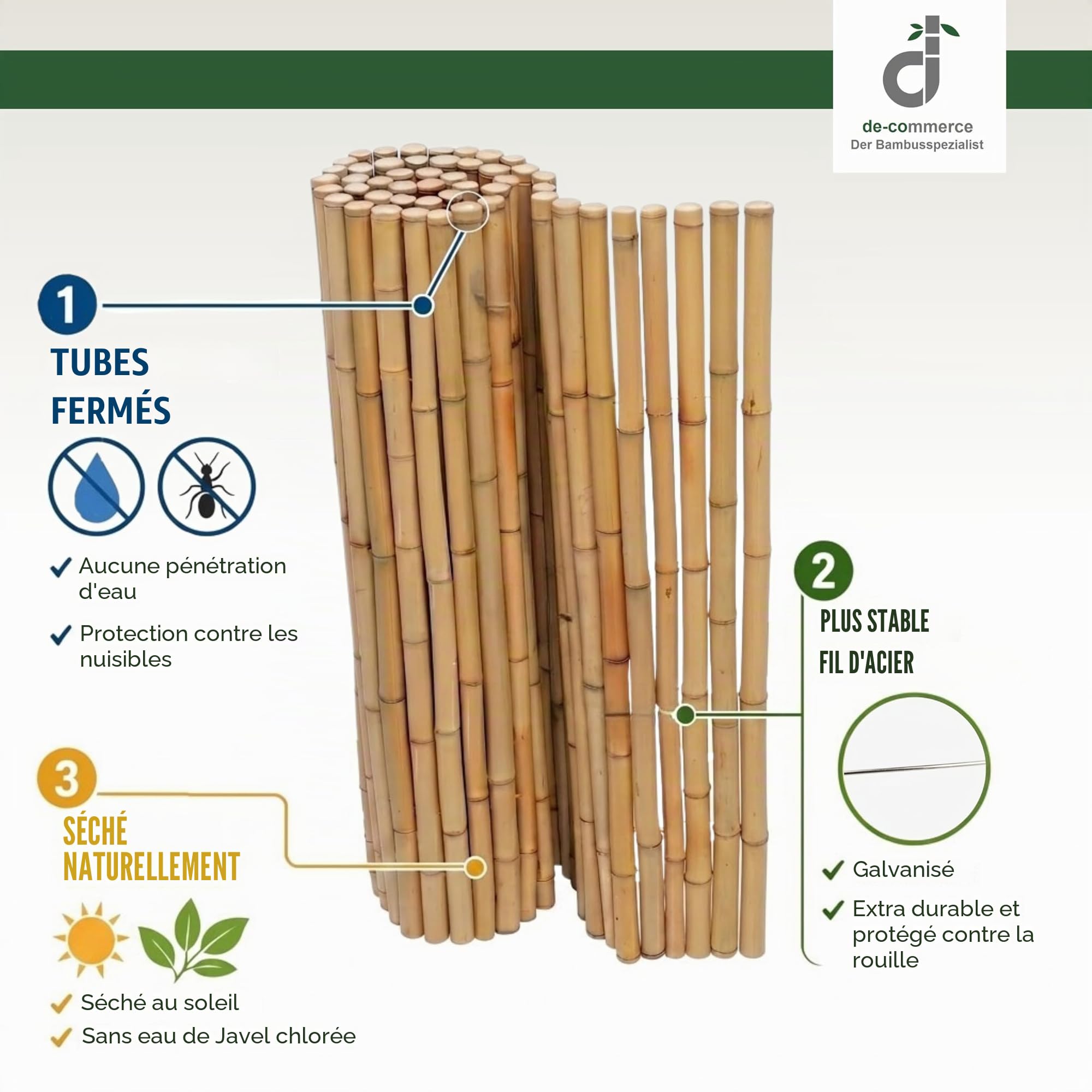 DE-COmmerce Clôture en bambou de haute qualité ATY Nature, partie supérieure fermée, clôture enroulable, pare-vue pour jardin, terrasse, balcon (H x L) 200 cm x 180 cm