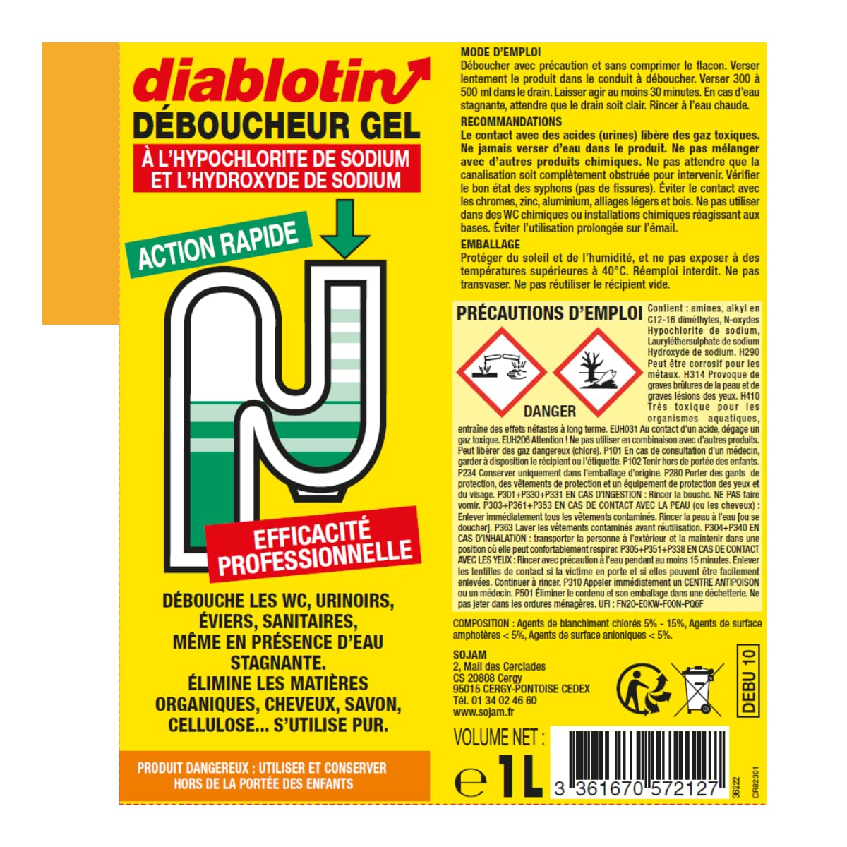 Diablotin | DÉBOUCHEUR Gel | pour déboucher Les WC, urinoirs, éviers, sanitaires | DEBU10