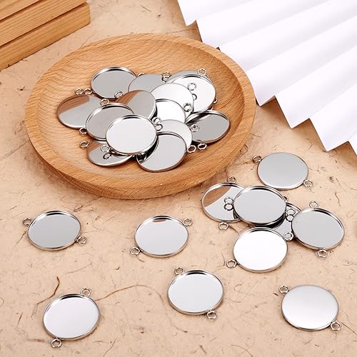 Miniatura 6 de Craftdady 100 conectores colgantes de bandeja de bisel de 0.98 pulgadas (0.984 in), color blanco cameo redondo, cabujón de acero inoxidable, doble