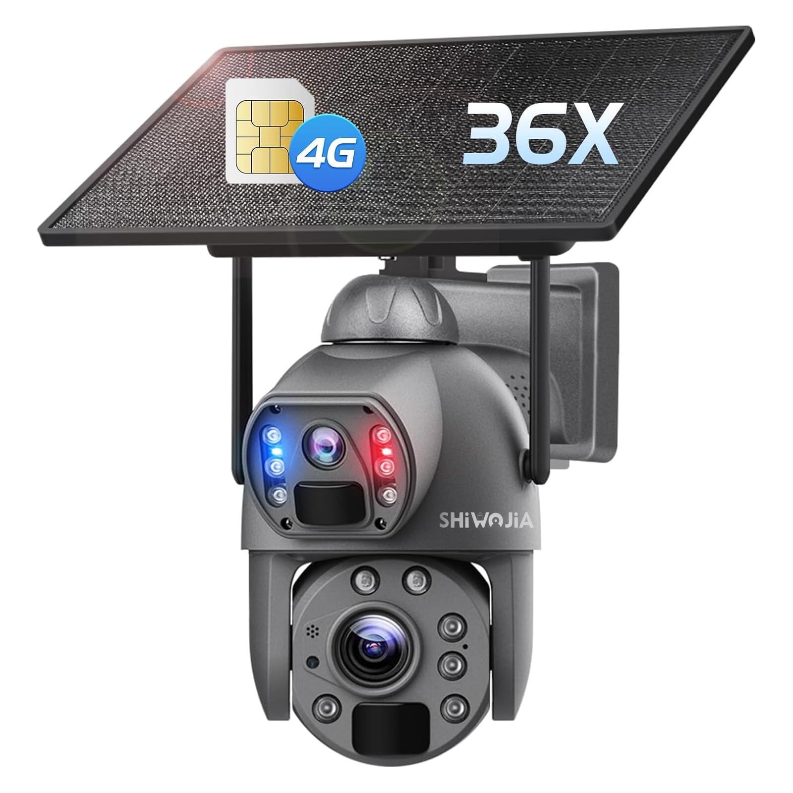 SHIWOJIA 36X Zoom Surveillance Camera 4G Outdoor, 6MP 360° PTZ Solar Outdoor Camera with Dual Lens, 150 m Night Vision, Double PIR Smart Detection, Two-Way Audio, Metal Housing
