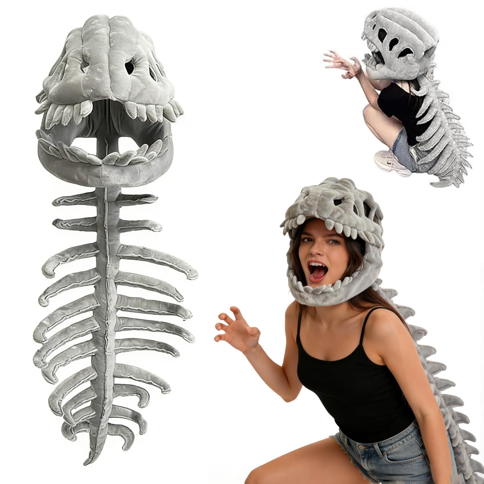 Dacnod 3D Dinosaur Skeleton Costume for Adult Realistic Dino Headgear Hat for Halloween Cosplay Party (Adult)