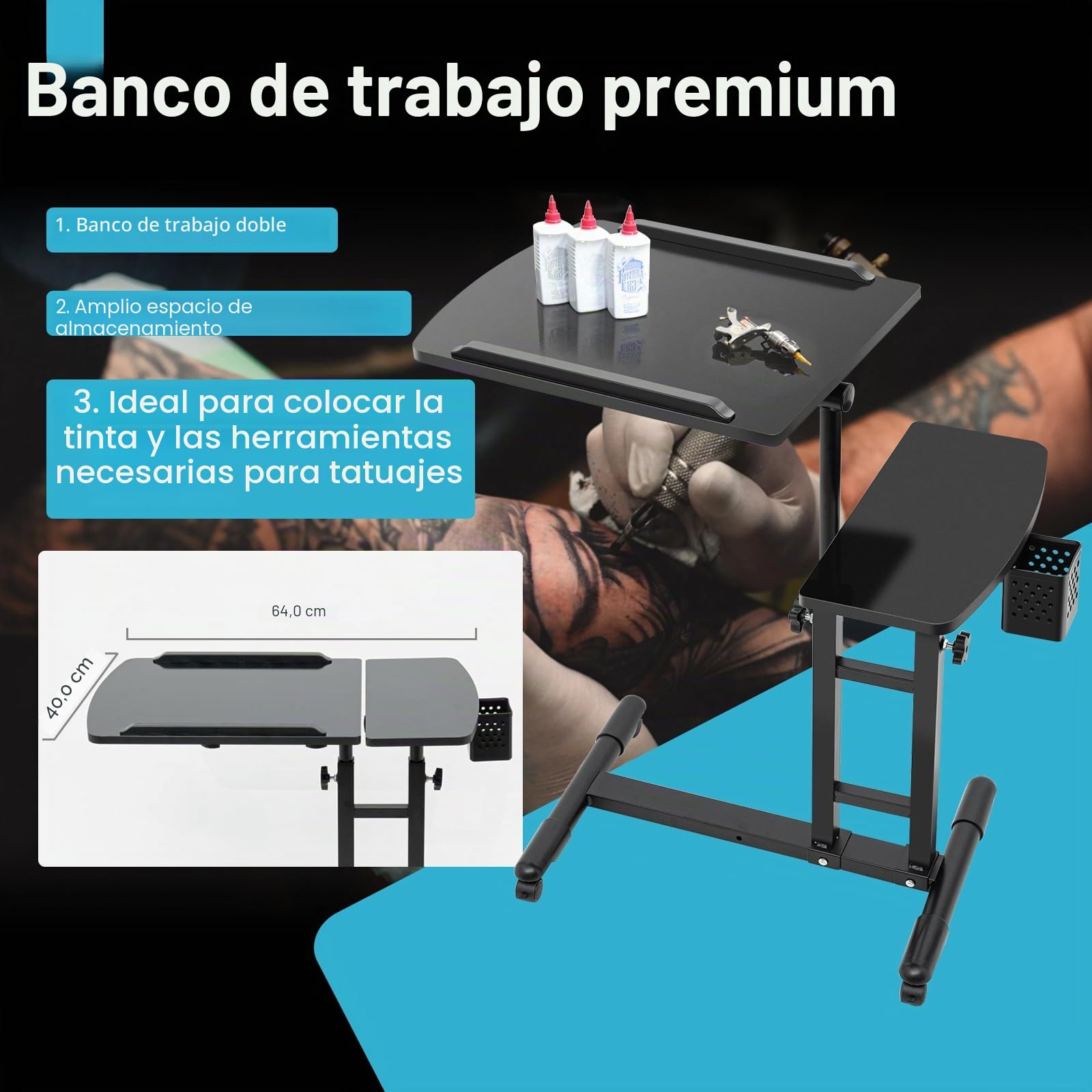 Tattoo WorkStation, banco de trabajo de tatuaje, estación de trabajo portátil de tatuajes portátil de 61 a 107 cm, altura ajustable, reposabrazos grande, mesa auxiliar con ruedas