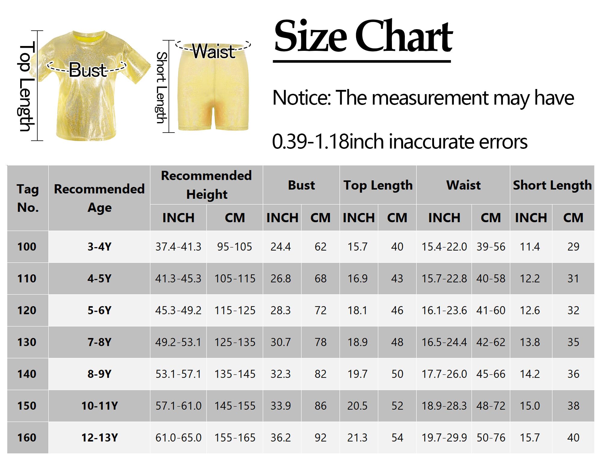 SEAUR Kids Girls Metallic Shirt with Shiny Shorts Hip Hop Tops Sequin T Shirts Modern Jazz Dance Party Costume 2 Pieces Gold 3-4Y