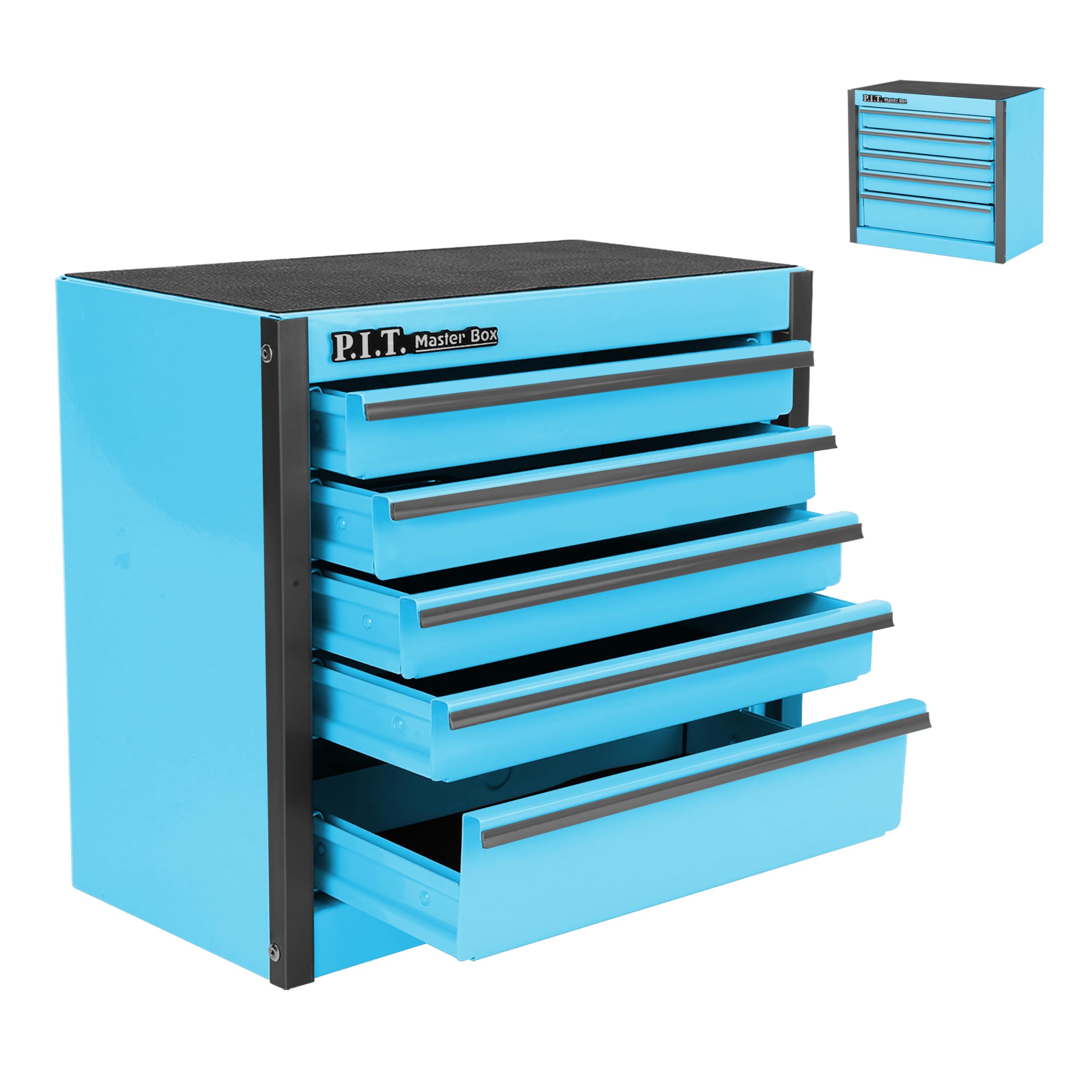 P.I.T. Mini Capri Blue Tool Box, Portable 5-Drawer Micro Roll Cab Steel Tool Box with Liner, Capri Blue Small Tool Case for Tools Storage, Home DIY