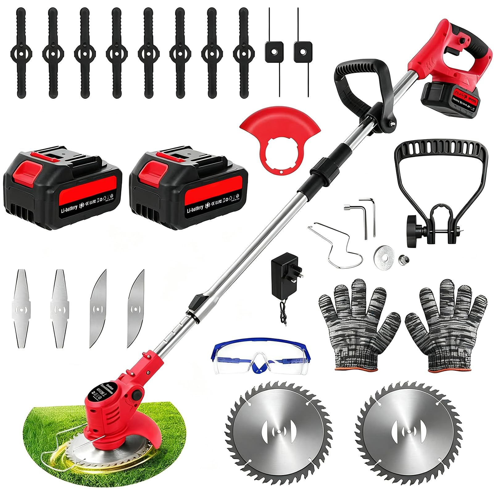 Cordless Garden Strimmers,Electric Cordless 21v Grass Strimmer with 2 X 2000mAh Battery, Adjustable Metal Blades,Garden Trimmer Telescopic Lightweight with Roller for Gardens,Park Lawns (Red)