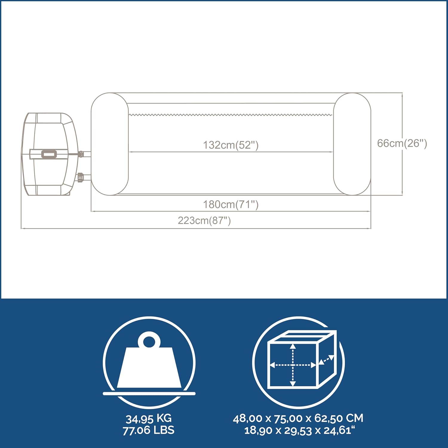 Diagram showing dimensions and weight of Lay-Z-Spa Miami AirJet