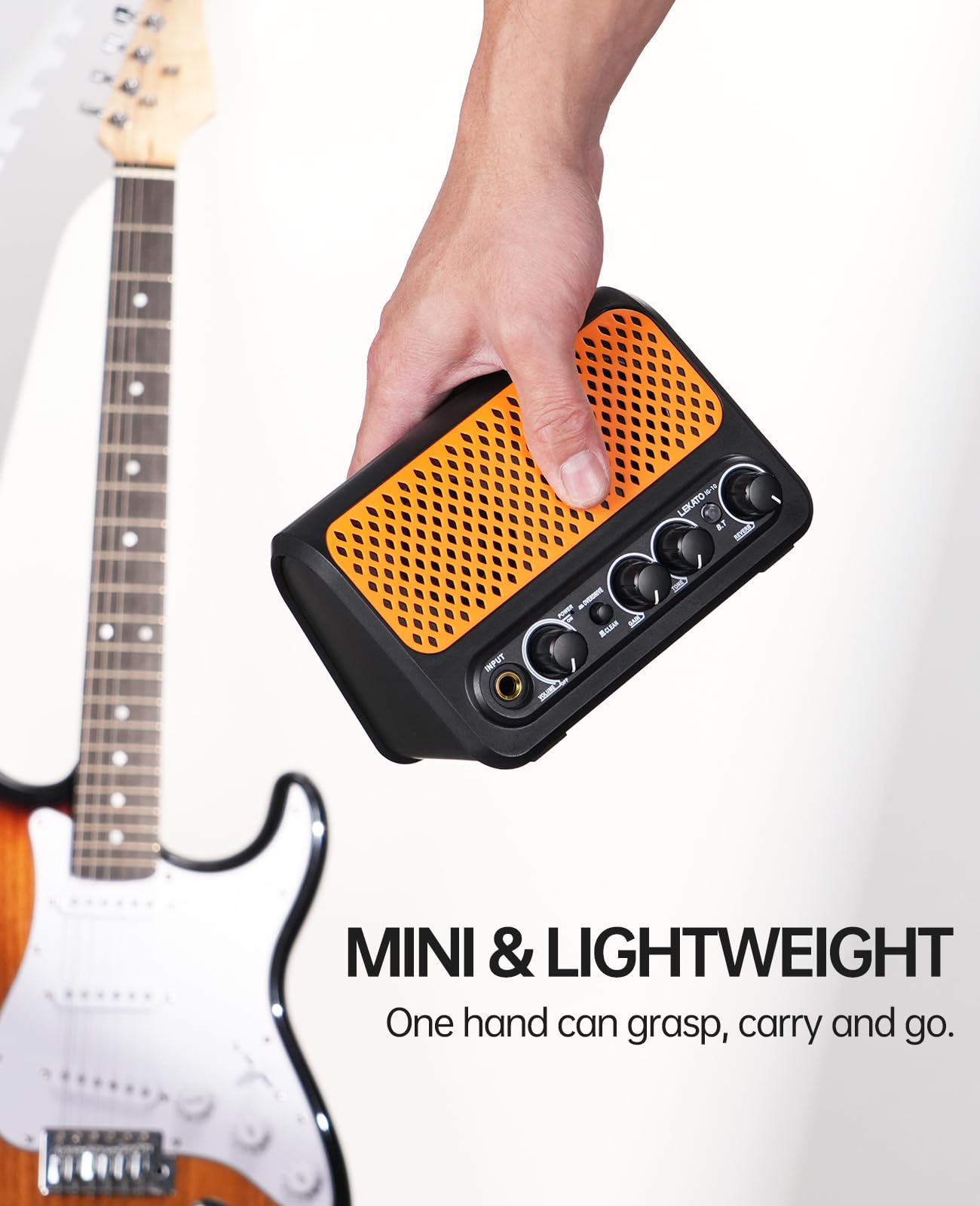 LEKATO Mini amplificateur de Guitare électrique Portable 10 W avec Canal Clean & Overdrive, réverbération et connectivité Bluetooth (Noir-Orange)