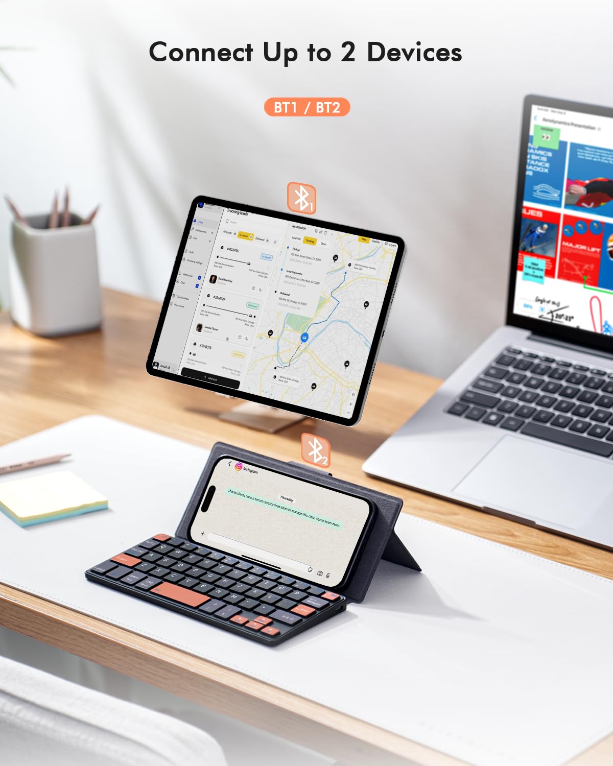 Doohoeek Universal Bluetooth Mini Keyboard, Wireless Compact Keyboard with Orange Navigation Keys & Any-Angle Stand for Android/iOS/Windows, Dual-Device Keypad for Phones/Galaxy Z Fold/iPad mini - 5