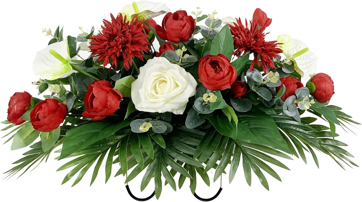 Cemetery Flower?Headstone Saddles for Graves - Realistic Red Camellia & White Rose Mix Arrangement,Outdoor Christmas Tombstone Memorial Decorations, Easy Fit