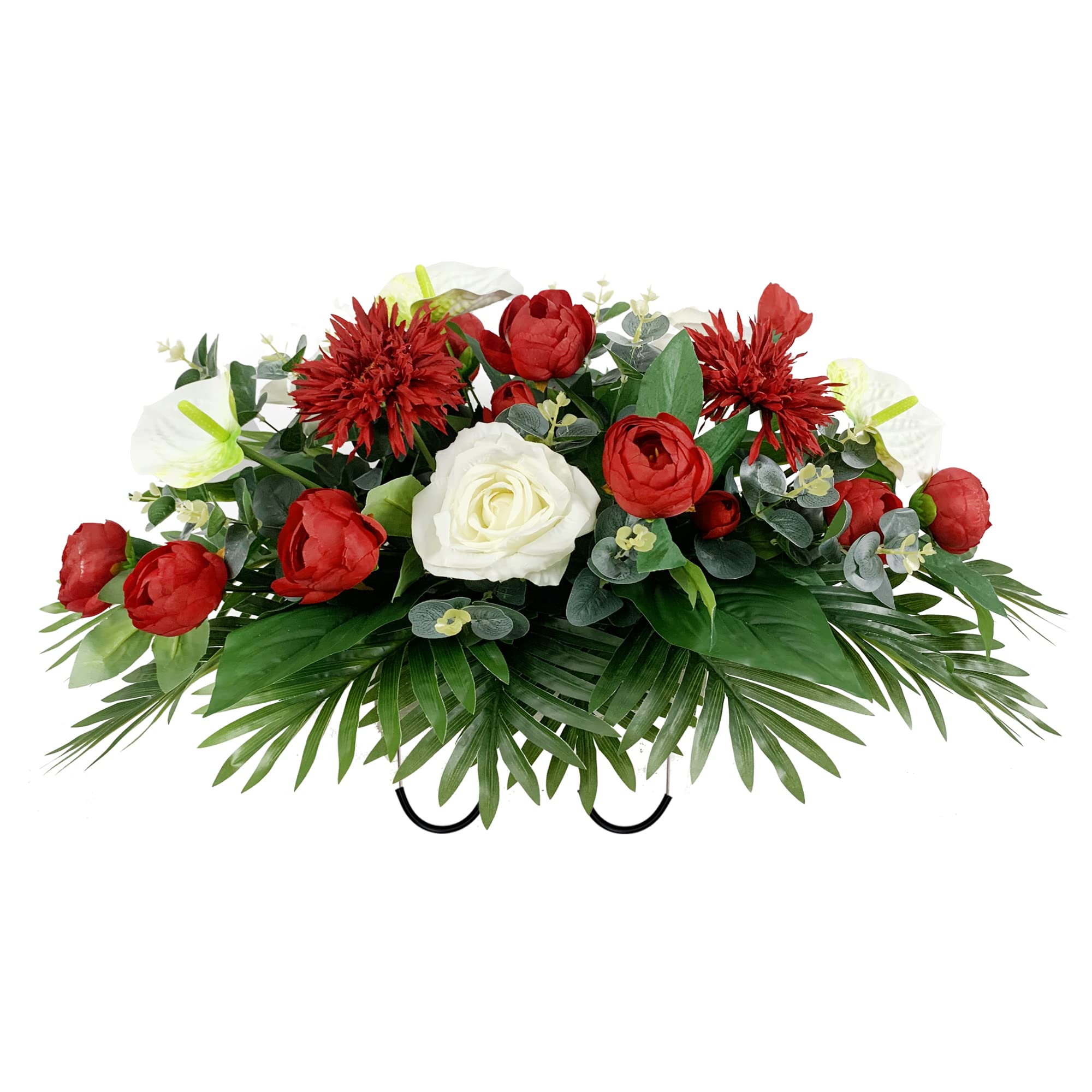 Cemetery Flower，Headstone Saddles for Graves - Realistic Red Camellia & White Rose Mix Arrangement,Outdoor Christmas Tombstone Memorial Decorations, Easy Fit