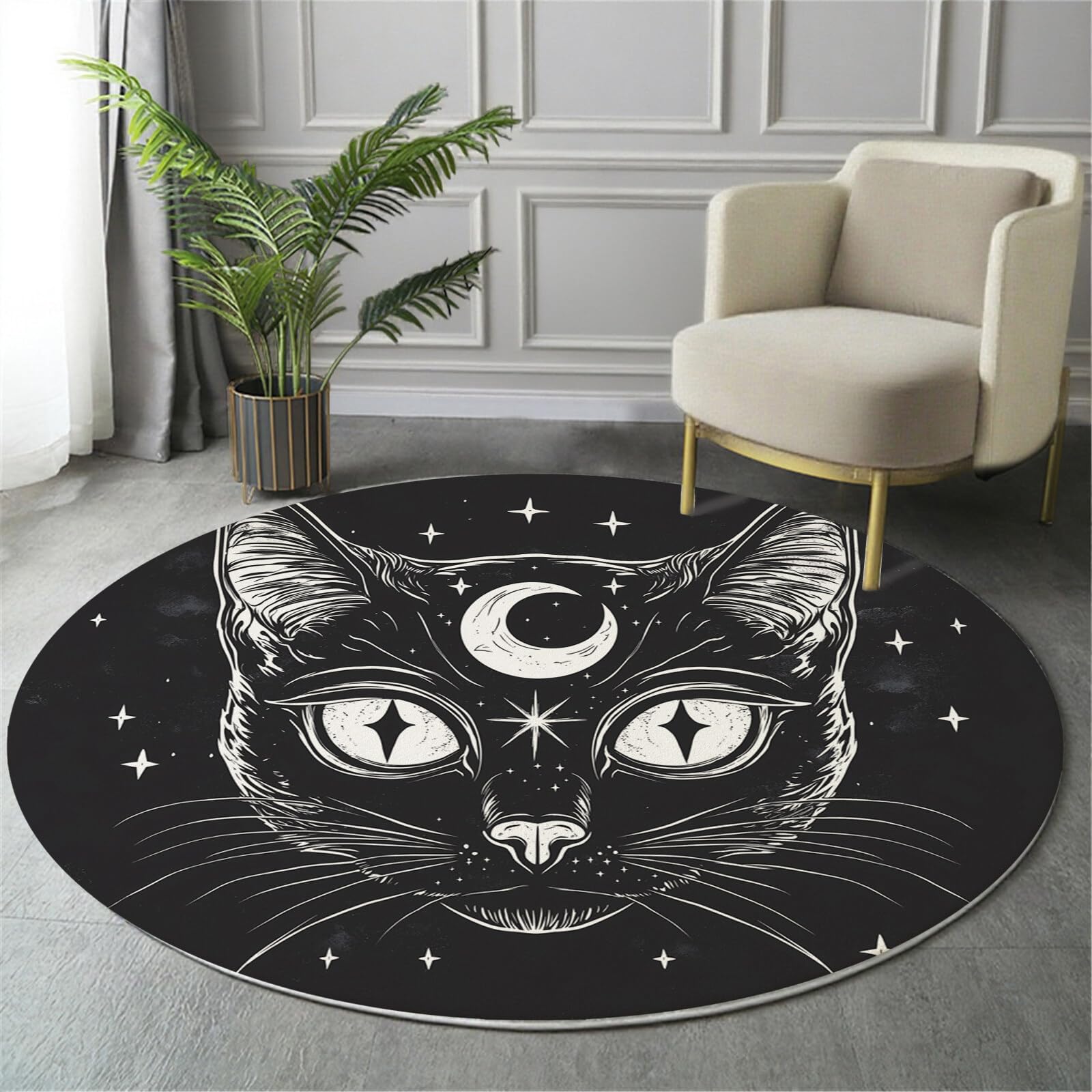 Tapis Rond,Impression Chat Noir De La Lune Décoration Antidérapant Animaux Punk pour Bureau Salon Chambre Cuisine Balcon Terrasse Salle Manger Intérieur Extérieur,Noir Et Blanc 120Cm