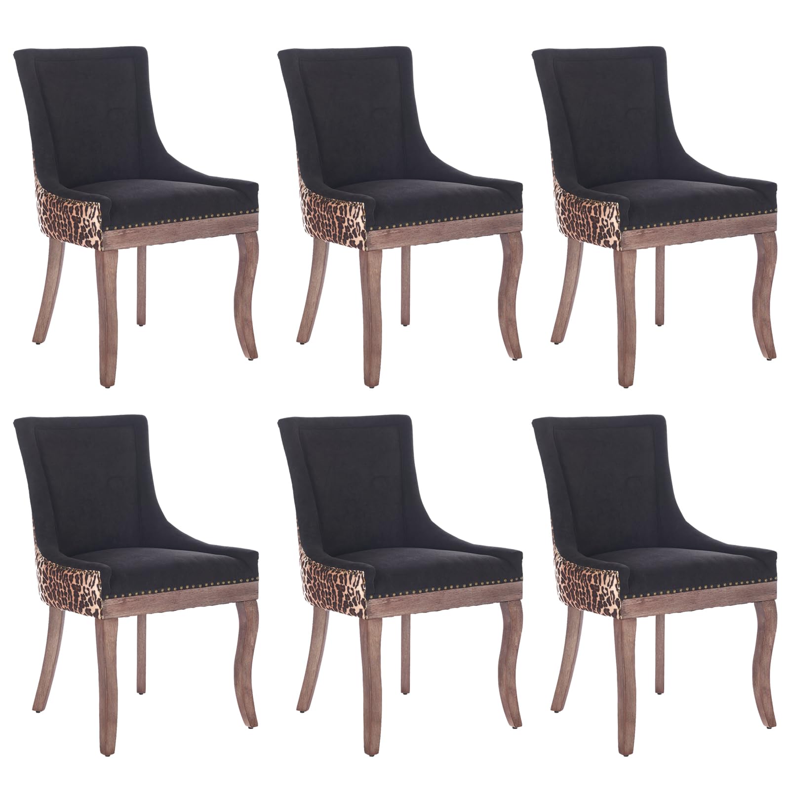 Aoowow Fabric Vintage Upholstered Side Chairs Set of 6, Farmhouse Solid Wood Kitchen Dining Room Chairs with Nailheads Legs (Black and Leopard Print)