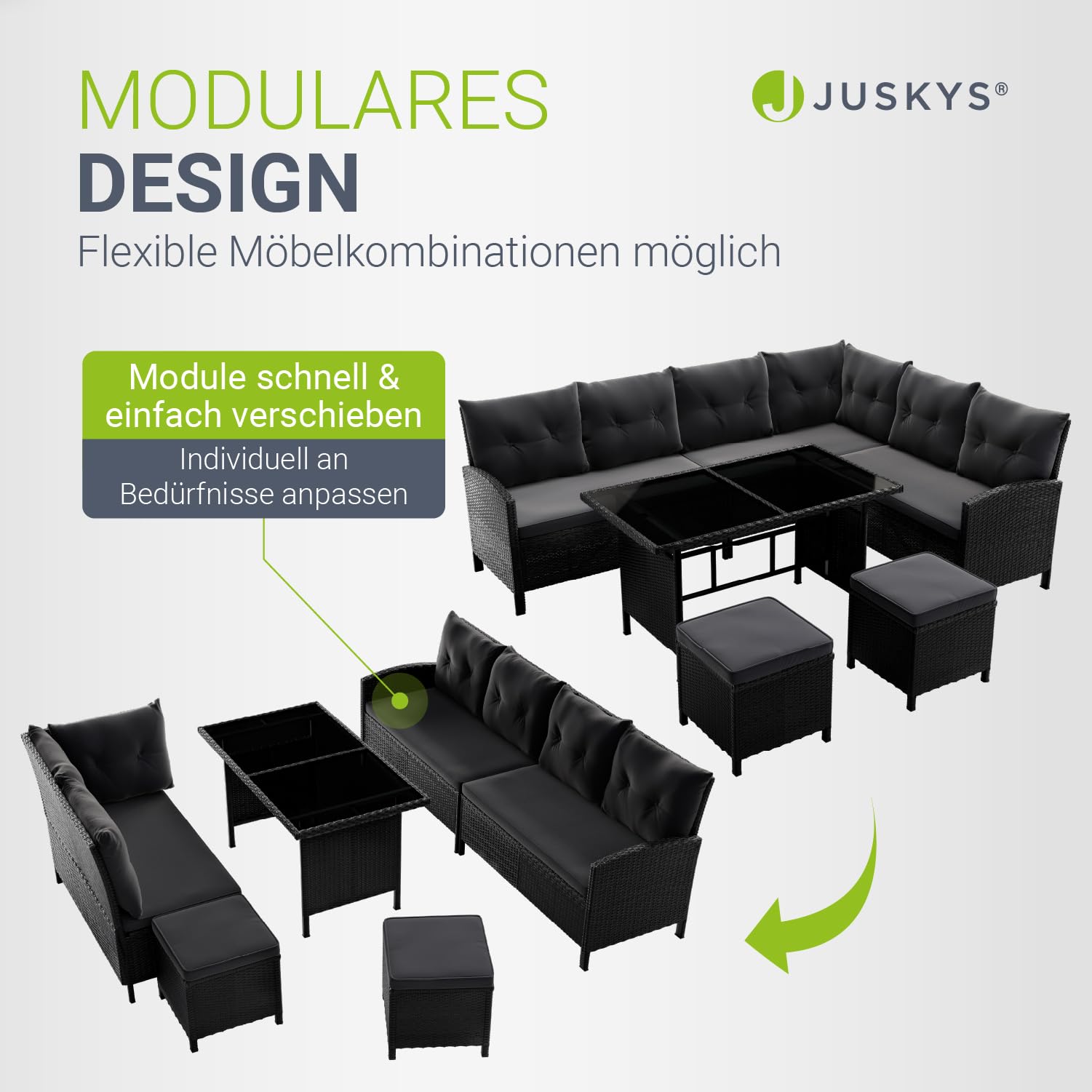 Juskys Polyrattan Lounge Manacor mit Ecksofa, Esstisch, 2 Hocker & Kissen - wetterfest bis 7 Personen - Bezüge waschbar - Rattan Garten Sitzgruppe Gartenlounge Gartenmöbel Set - Schwarz/Grau