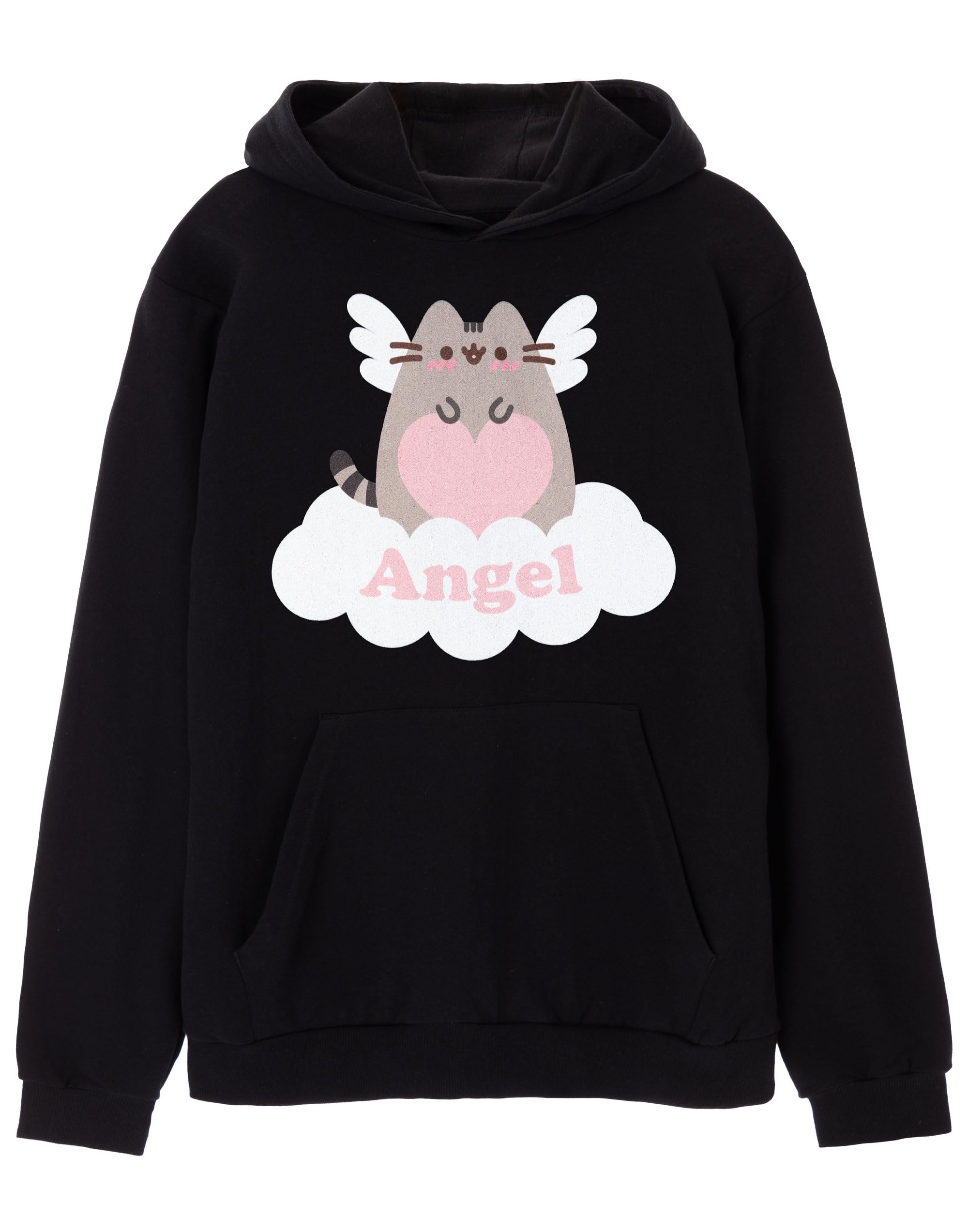 Pusheen The Cat Women's Black Pusheen Hoodie | Angel Playful Cat Graphic Hooded Sweatshirt In | Adorable Internet Cat Hooded Top | Cute Merchandise Apparel Gift For Adults
