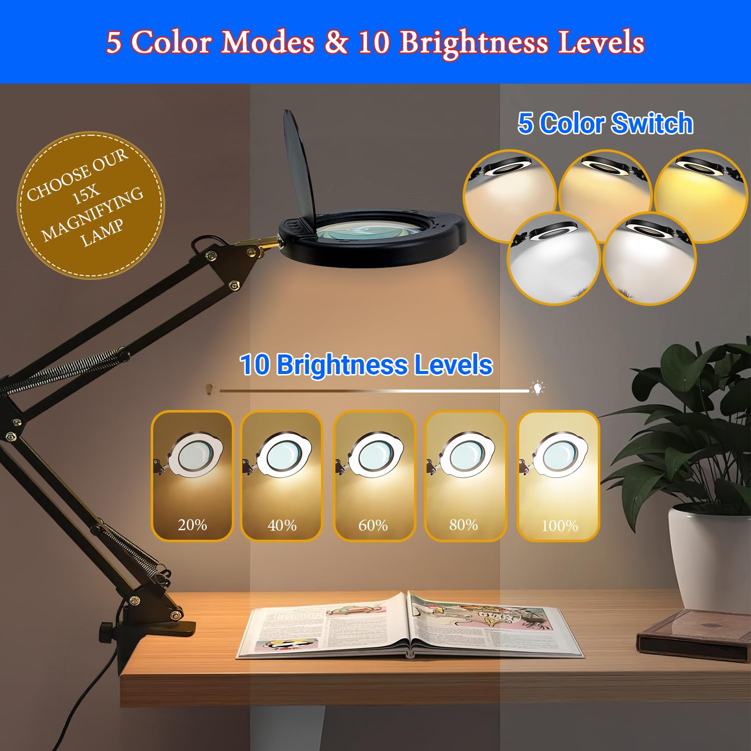 15X Magnifying Glass Desk Lamp with Clamp, Real Glass Lens, 84 LEDs, 5 Color Modes Dimmable, Led Lamp Magnifier with Dust Cover, USB Charger, Clean Cloth, Ideal Gift for Seniors, Crafters, Hobbyists - Image 2