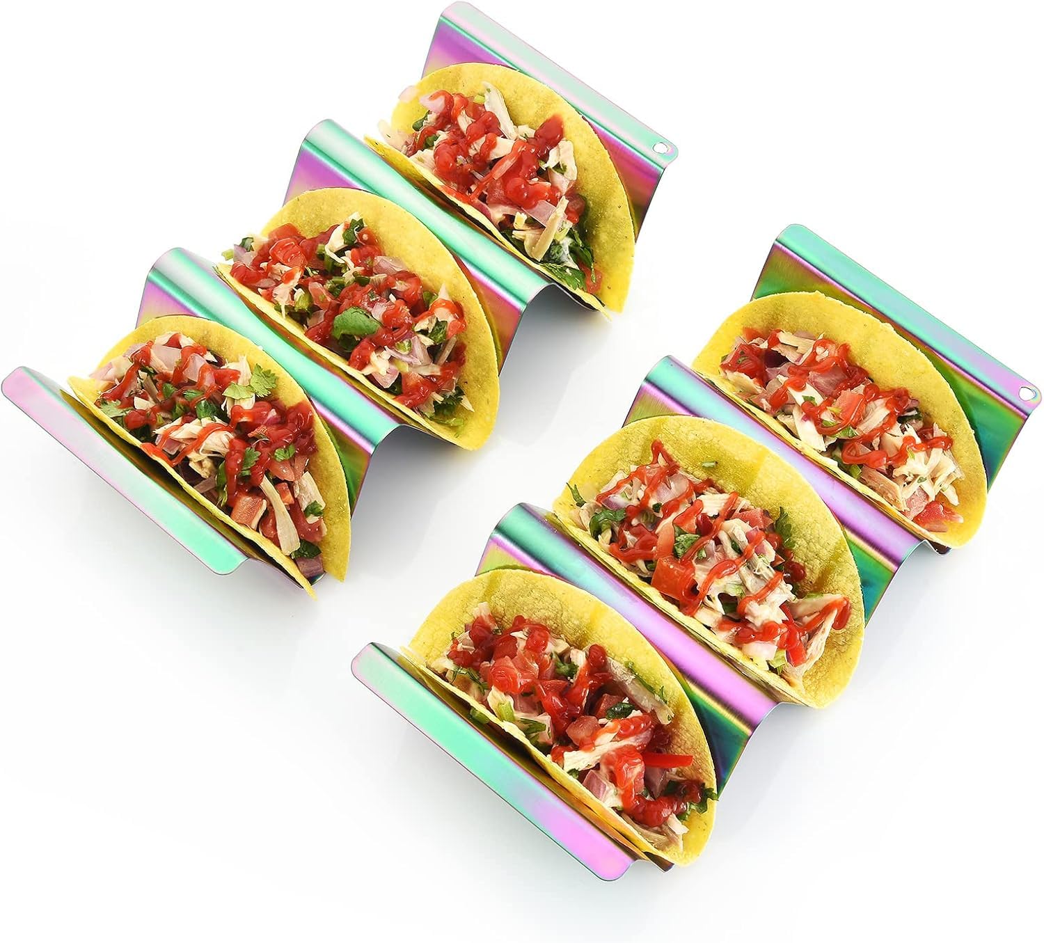 ARTTHOME. Taco Holder Set of 4 Titanium Plated – Taco Stand for 3 Tacos, Soft Taco Shell Holder, Vibrant Tray for Tacos, Burritos, Nachos & Fajitas – Sturdy & Stylish Design (AT-2021419-TH-2)