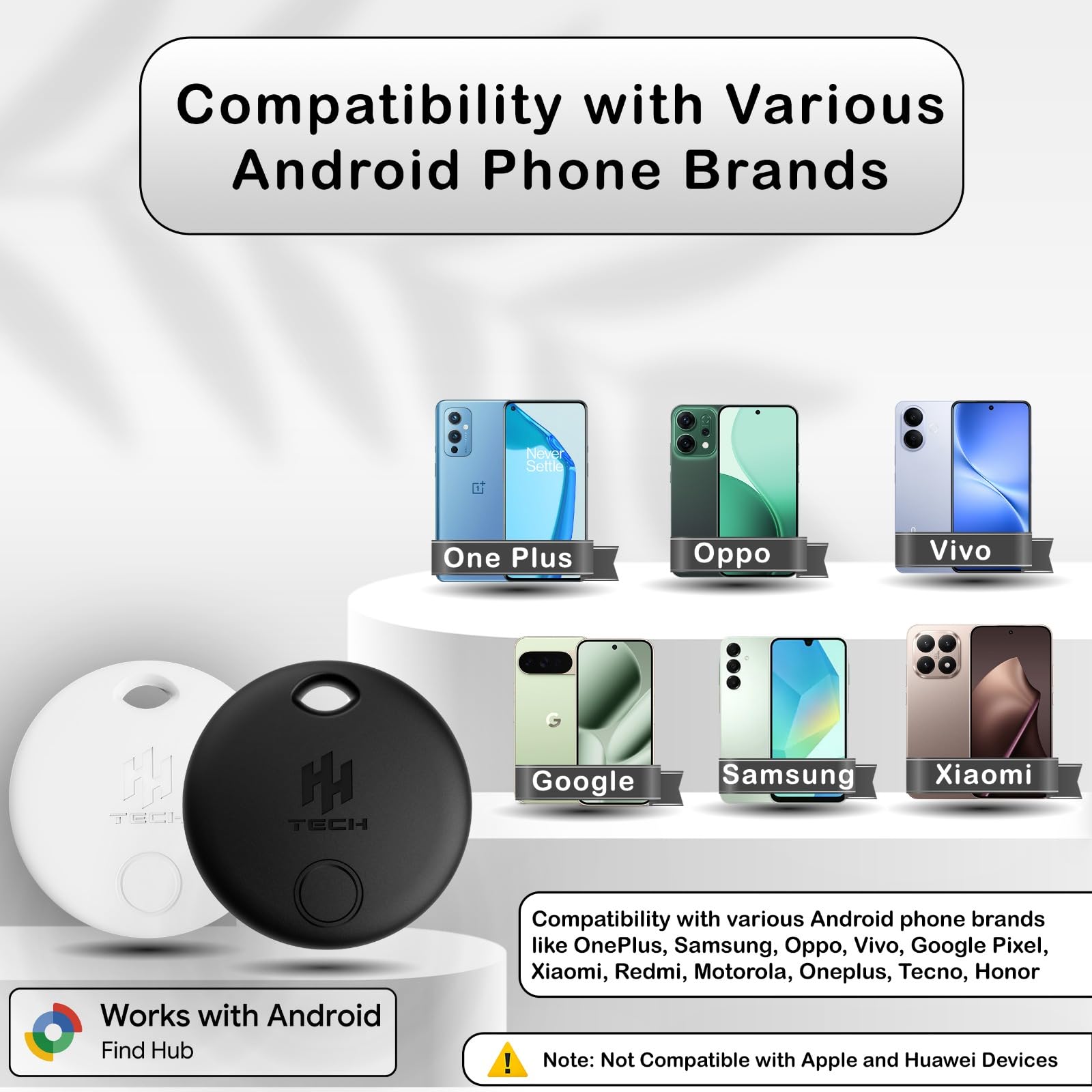 HH-Tech Tag Tracker Android (Pack-4 Black+White Android solo) Funziona con Google Find My, Find Hub, Smart Tag Tracker, Item Finder, Traccia facilmente chiavi, portafoglio, borsa, valigia e altro