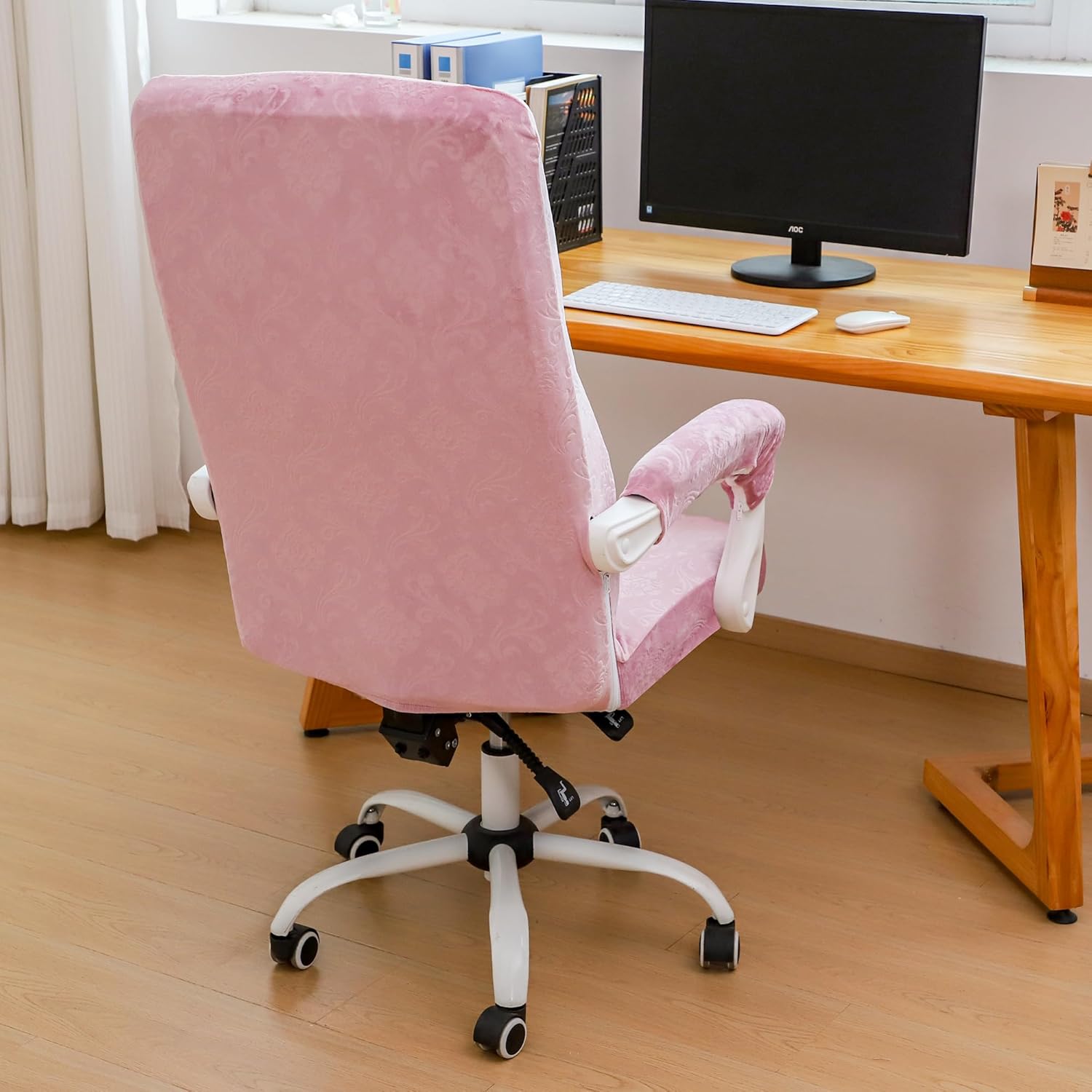 FORCHEER Office Chair Cover with Armrest Cover Pink Velvet Stretch Computer Chair Covers with Arm Reat Slipcovers Large Washable