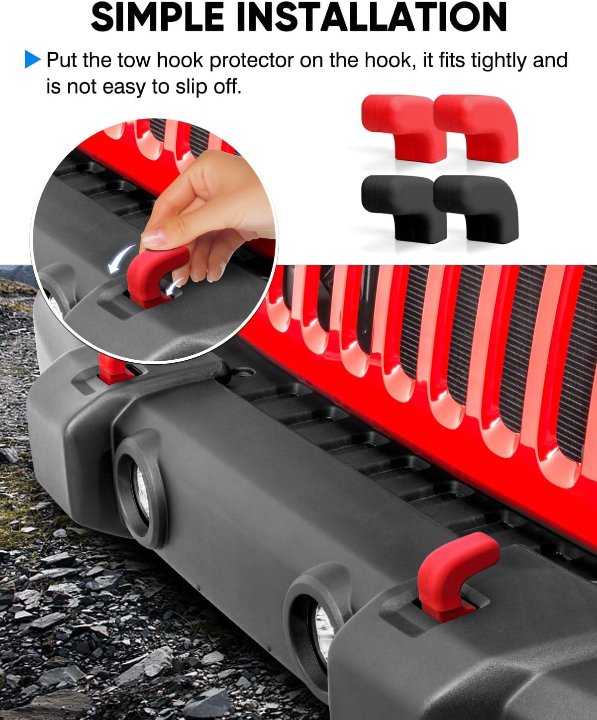 4PCS Huidnnas Tow Hook Covers for Jeep Wrangler TJ JK JL Front Bumper Tow Hook Protector Rubber Covers Elastic Wear-Resistant Jeep Wrangler Accessories Red & Black