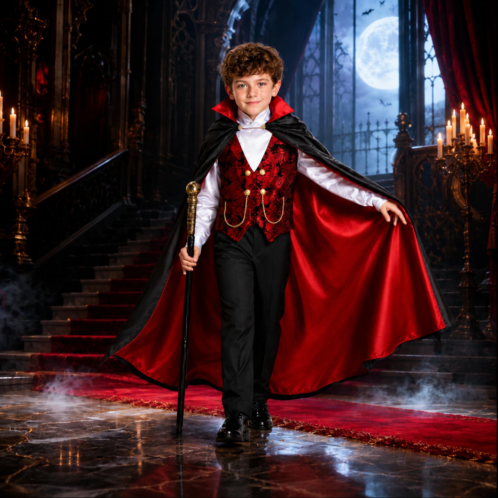 Costume da Vampiro per Halloween per Bambini con Mantello, Camicia, Pantaloni e Bastone, Abbigliamento in Poliestere per Travestimento e Festa a Tema per Bambini (Piccolo)